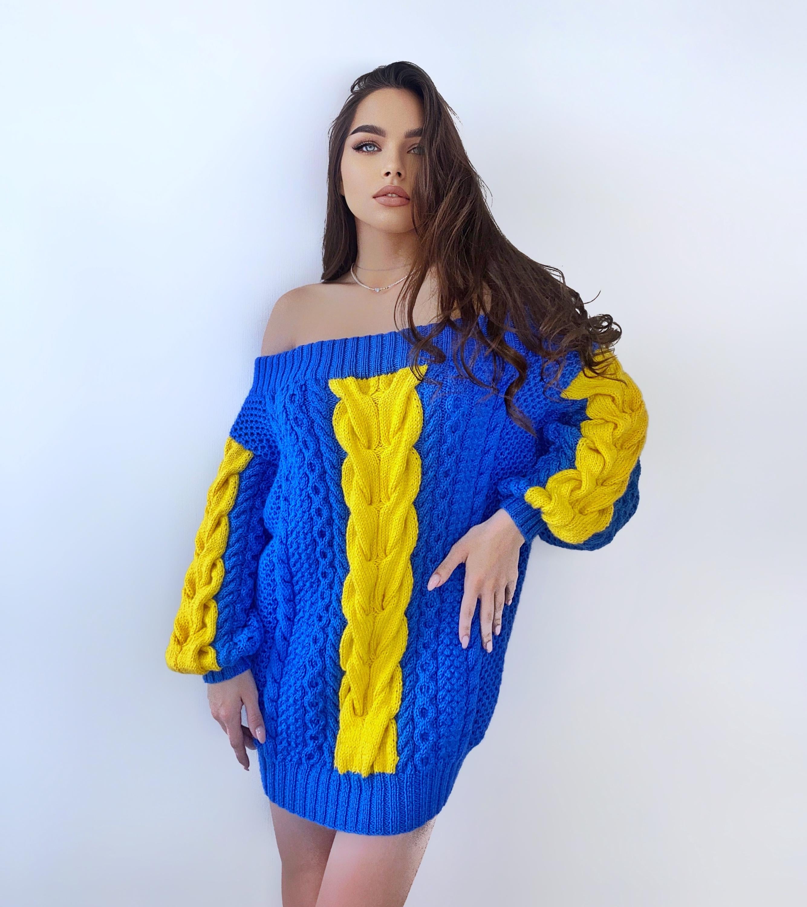 Hand knit "golden state warriors" sweater dresses women's Blue Yellow cable braid sweater open shoulders merino wool Autumn knit dress