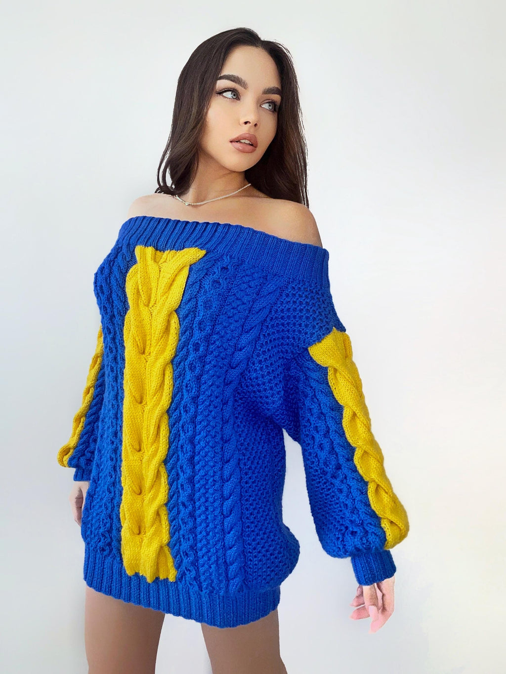 Hand knit "golden state warriors" sweater dresses women's Blue Yellow cable braid sweater open shoulders merino wool Autumn knit dress
