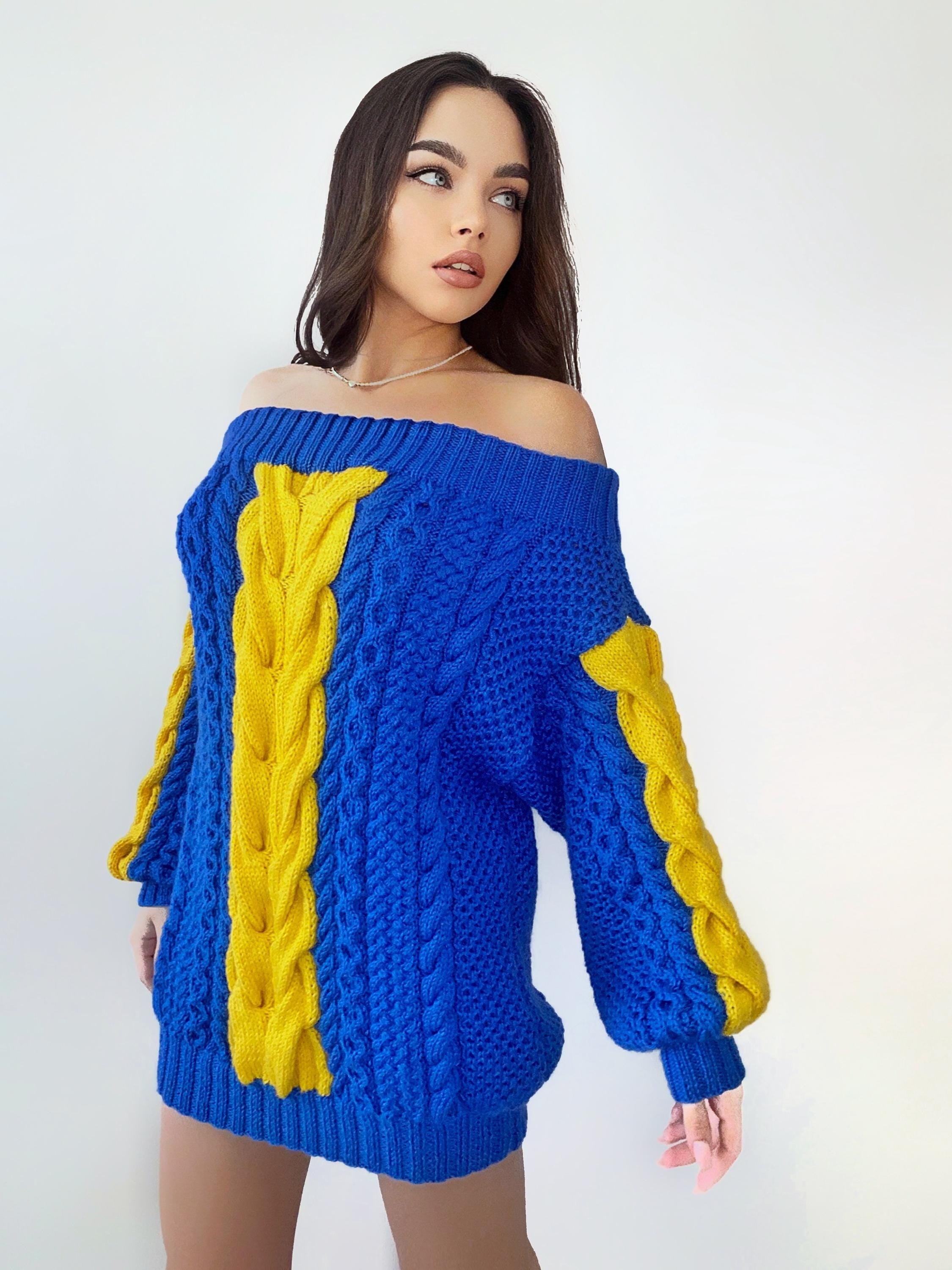 Hand knit "golden state warriors" sweater dresses women's Blue Yellow cable braid sweater open shoulders merino wool Autumn knit dress