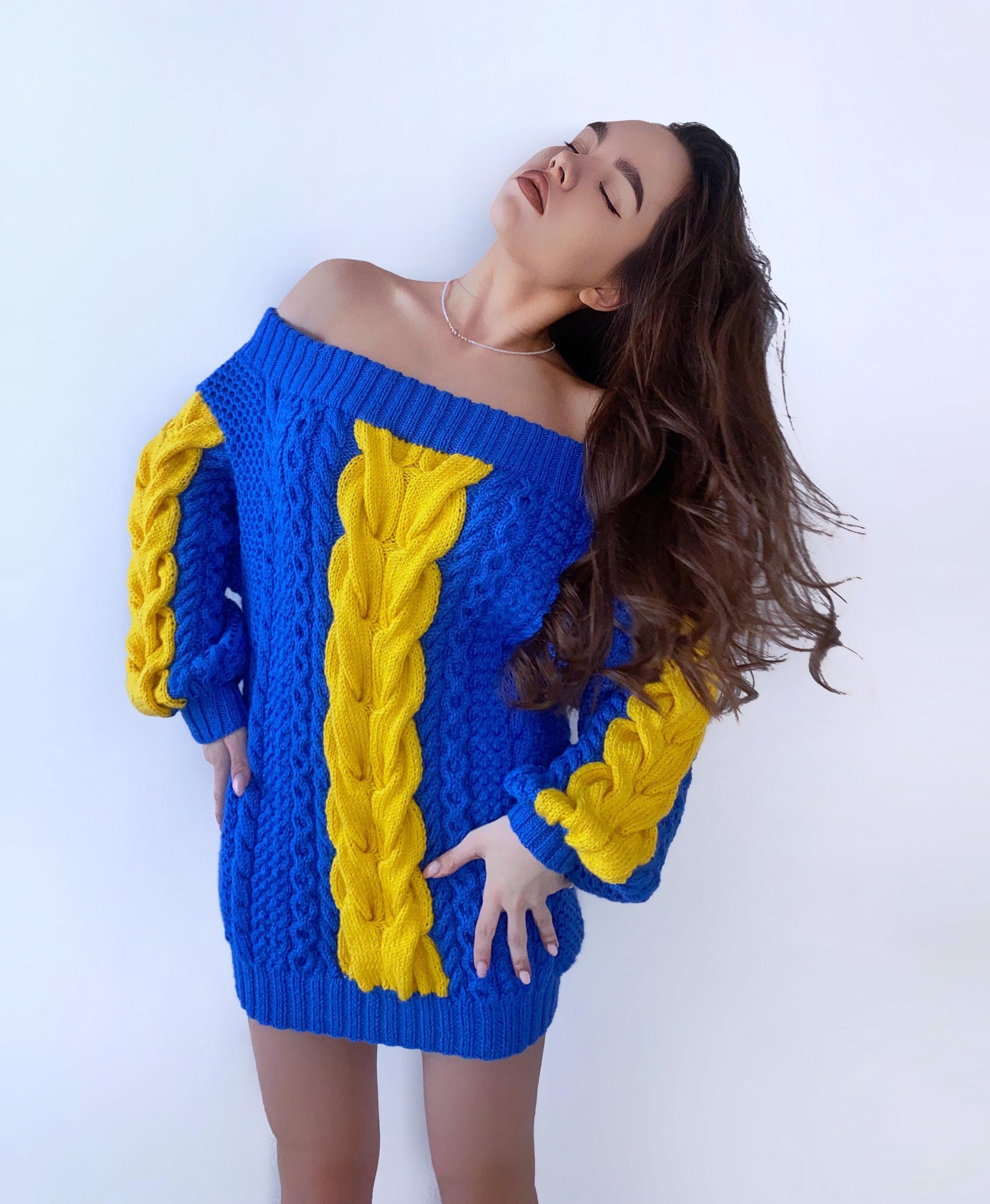 Hand knit "golden state warriors" sweater dresses women's Blue Yellow cable braid sweater open shoulders merino wool Autumn knit dress