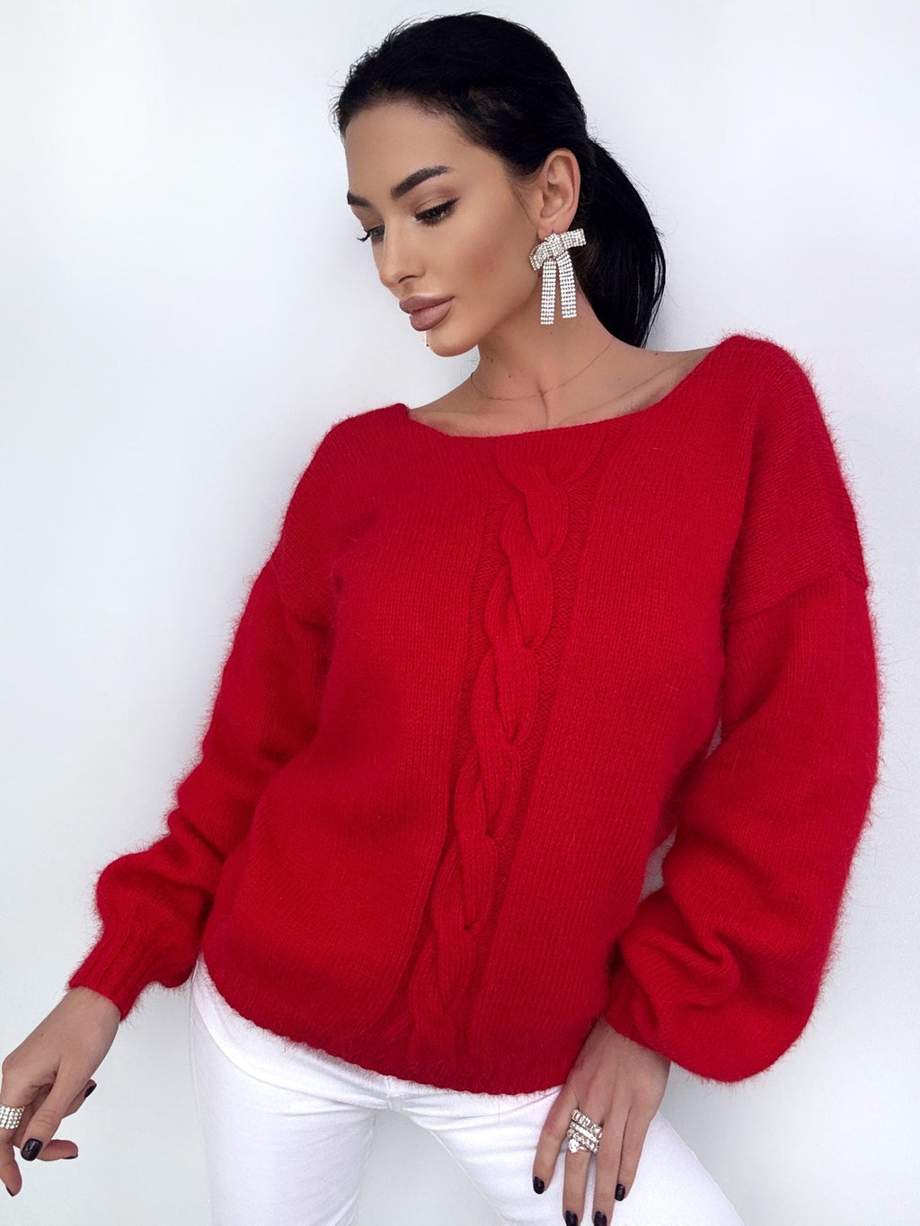 Red angora hand knit sweater Open back Deep neckline Knitted fluffy angora pullover Loose fit oversized V-neck Top long sleevs Cozy gift her
