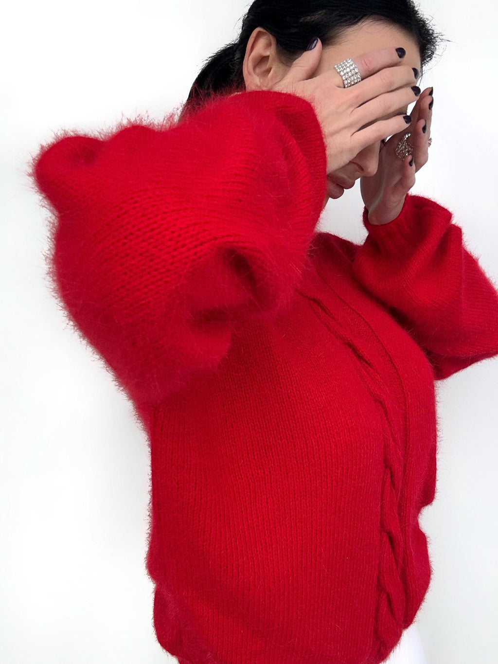 Red angora hand knit sweater Open back Deep neckline Knitted fluffy angora pullover Loose fit oversized V-neck Top long sleevs Cozy gift her