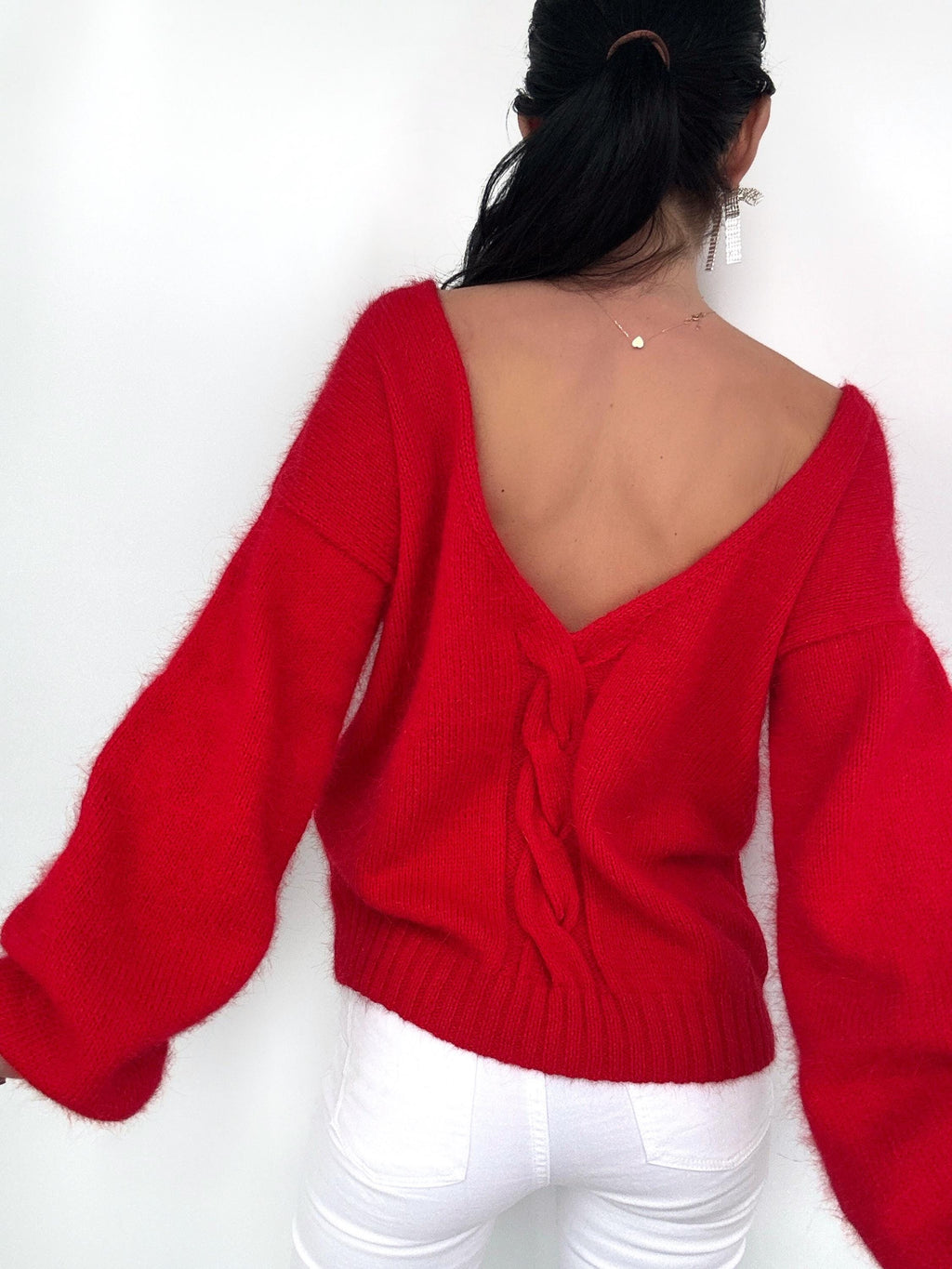 Red angora hand knit sweater Open back Deep neckline Knitted fluffy angora pullover Loose fit oversized V-neck Top long sleevs Cozy gift her