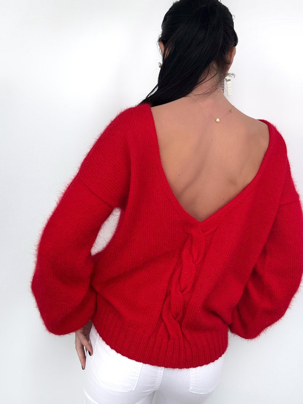 Red angora hand knit sweater Open back Deep neckline Knitted fluffy angora pullover Loose fit oversized V-neck Top long sleevs Cozy gift her