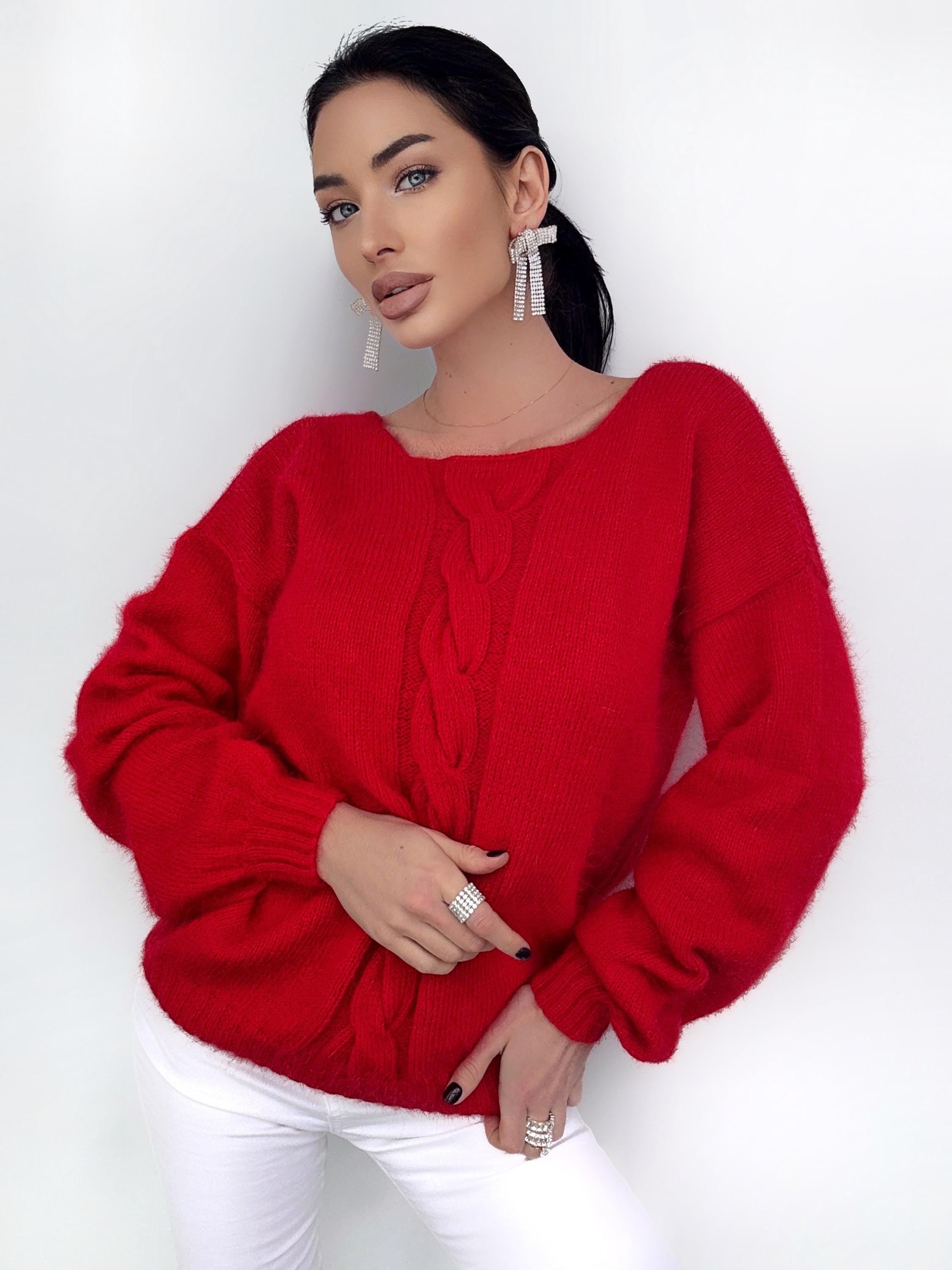 Red angora hand knit sweater Open back Deep neckline Knitted fluffy angora pullover Loose fit oversized V-neck Top long sleevs Cozy gift her