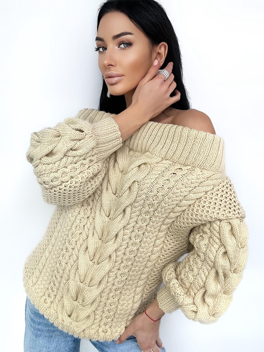 Light beige Caramel pastel hand knit wool sweater woman Cable hand knit sweater Loose pullover Oversized chunky knit bulky off shoulder