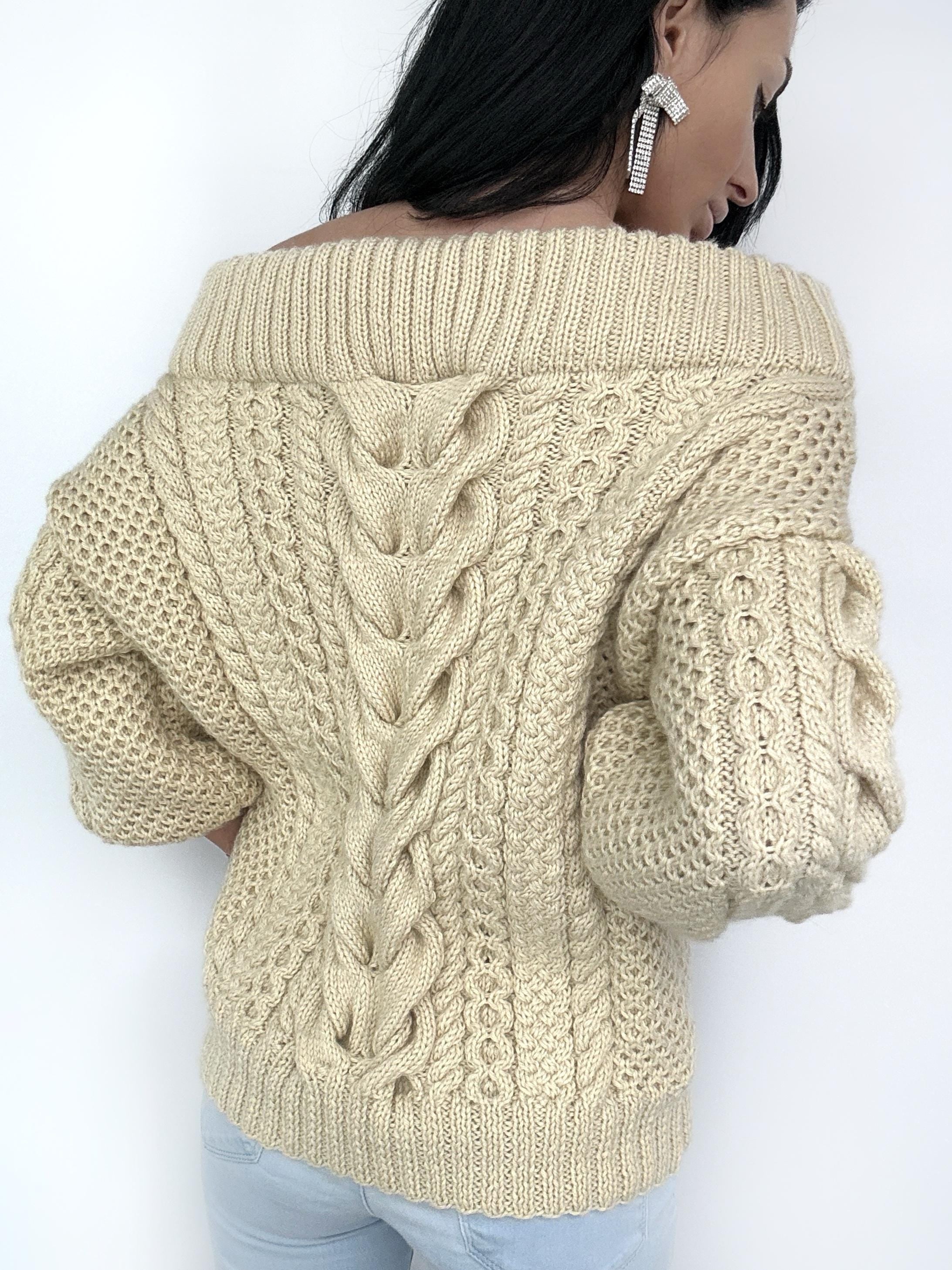 Light beige Caramel pastel hand knit wool sweater woman Cable hand knit sweater Loose pullover Oversized chunky knit bulky off shoulder