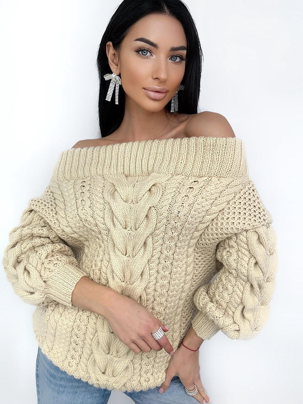 Light beige Caramel pastel hand knit wool sweater woman Cable hand knit sweater Loose pullover Oversized chunky knit bulky off shoulder