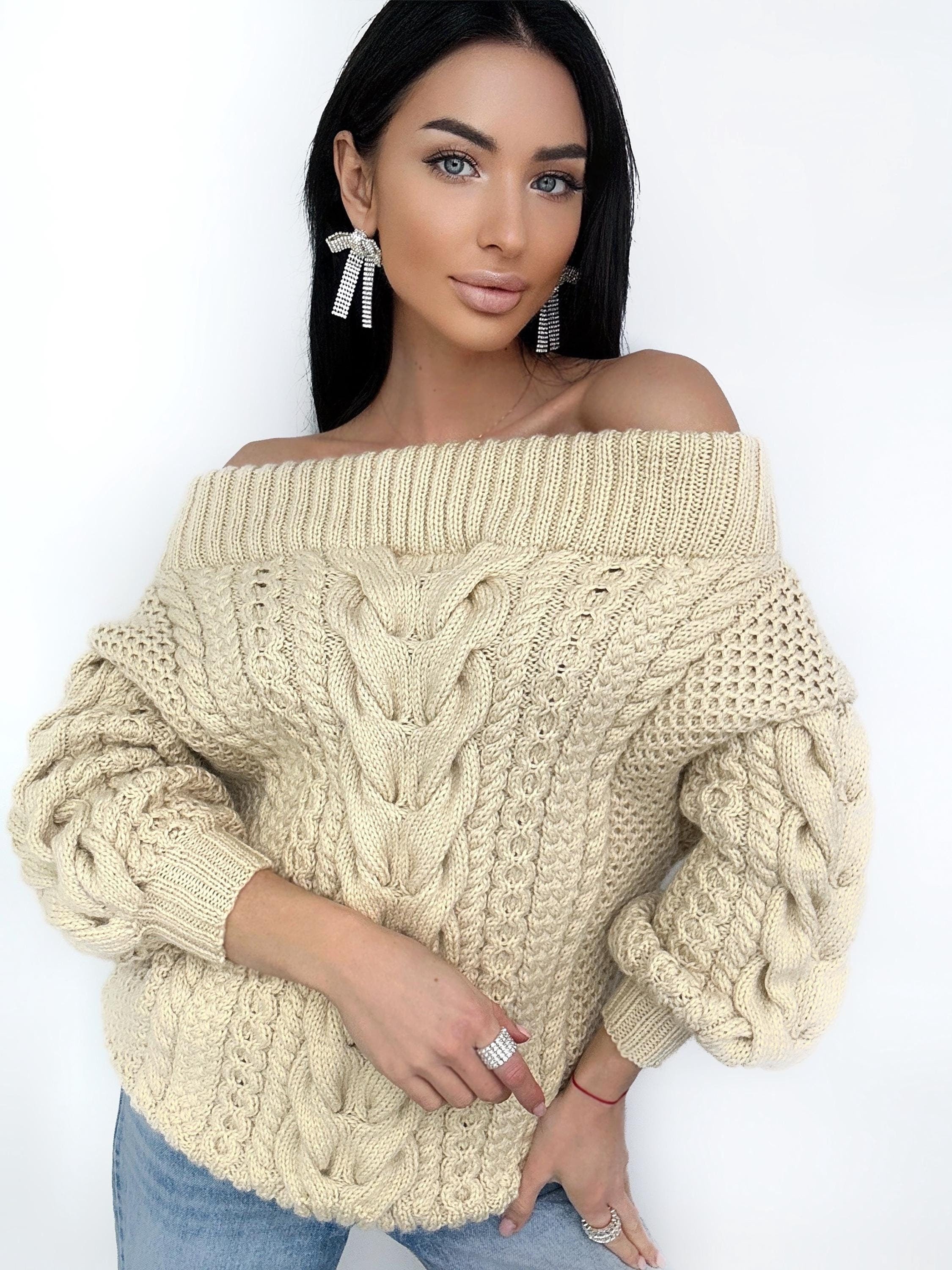 Light beige Caramel pastel hand knit wool sweater woman Cable hand knit sweater Loose pullover Oversized chunky knit bulky off shoulder