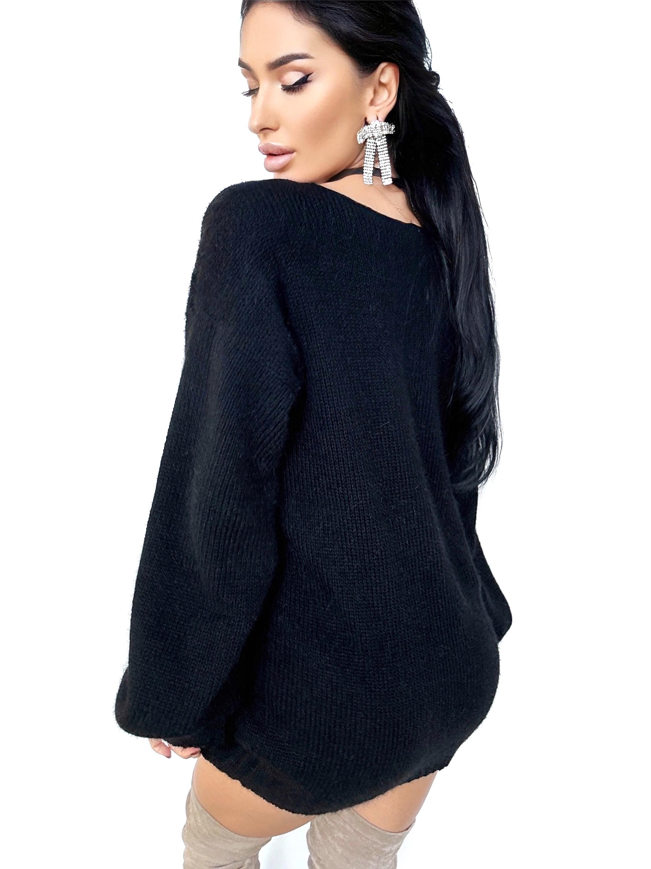 Black angora knit sweater dress Knit fluffy angora pullover Round collar Loose fit oversized Long sleeve Cozy sweater dress gift her