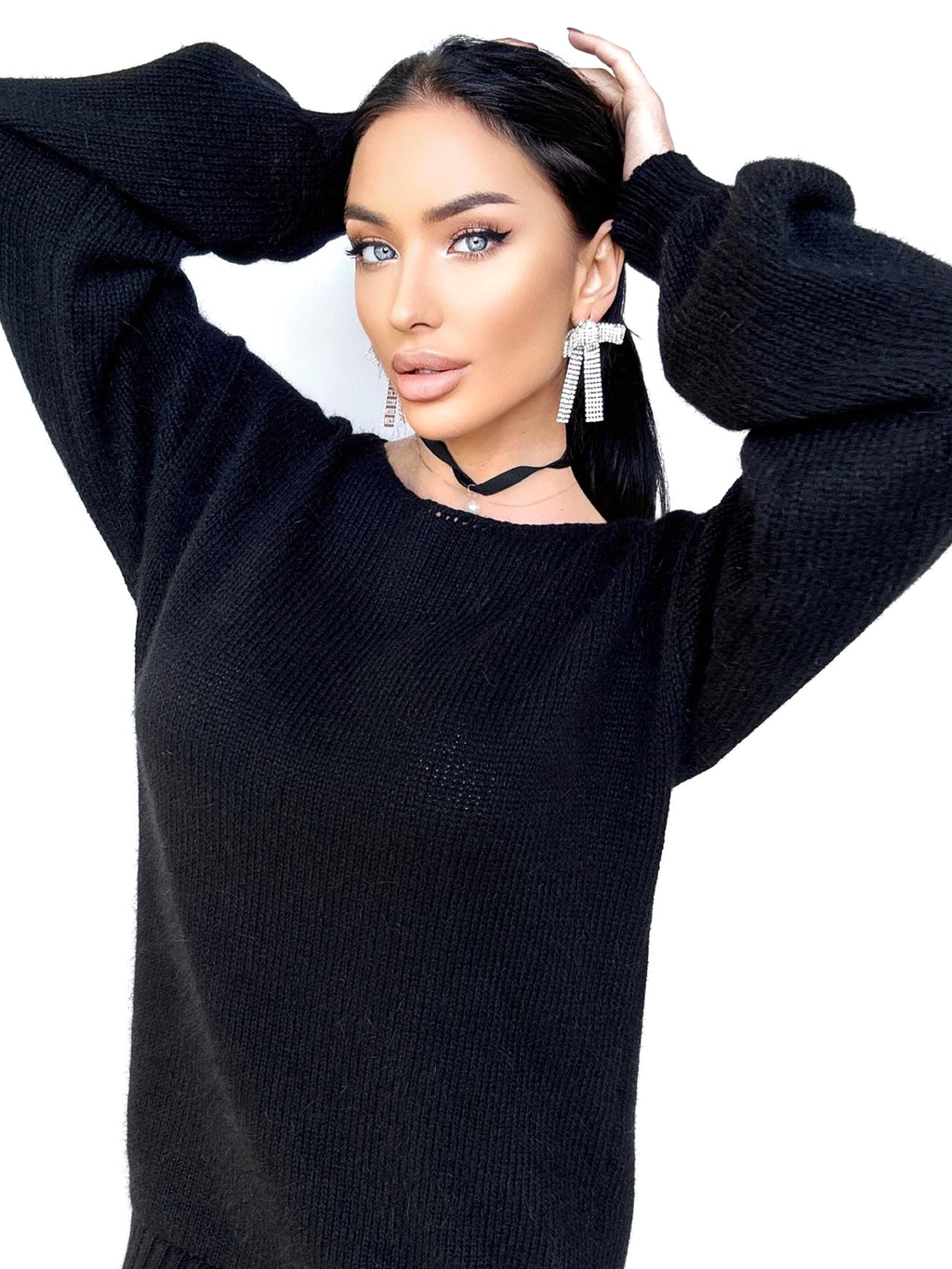 Black angora knit sweater dress Knit fluffy angora pullover Round collar Loose fit oversized Long sleeve Cozy sweater dress gift her