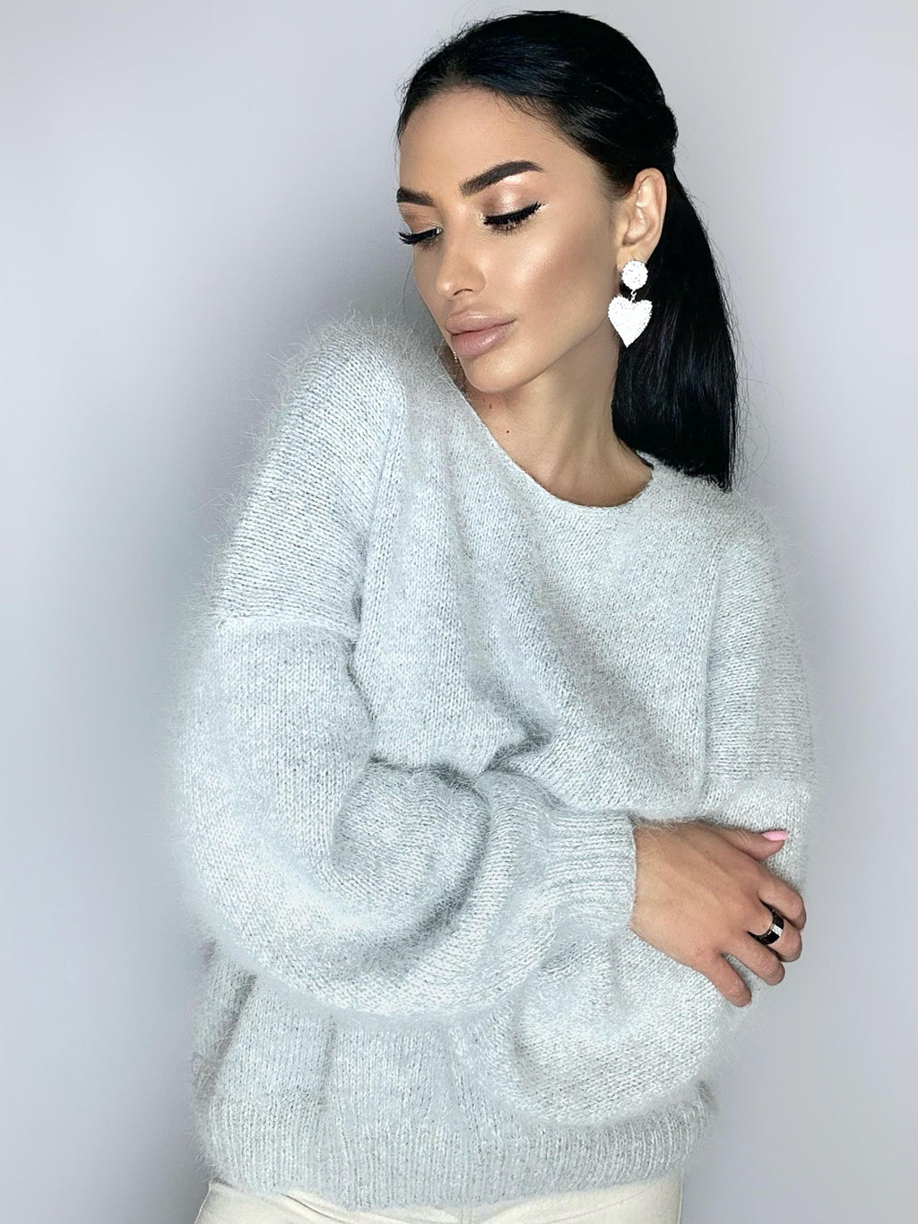 White Gray melange angora wool knit sweater dress Knit fluffy angora pullover Round collar Loose fit oversized Long sleeve Cozy sweater