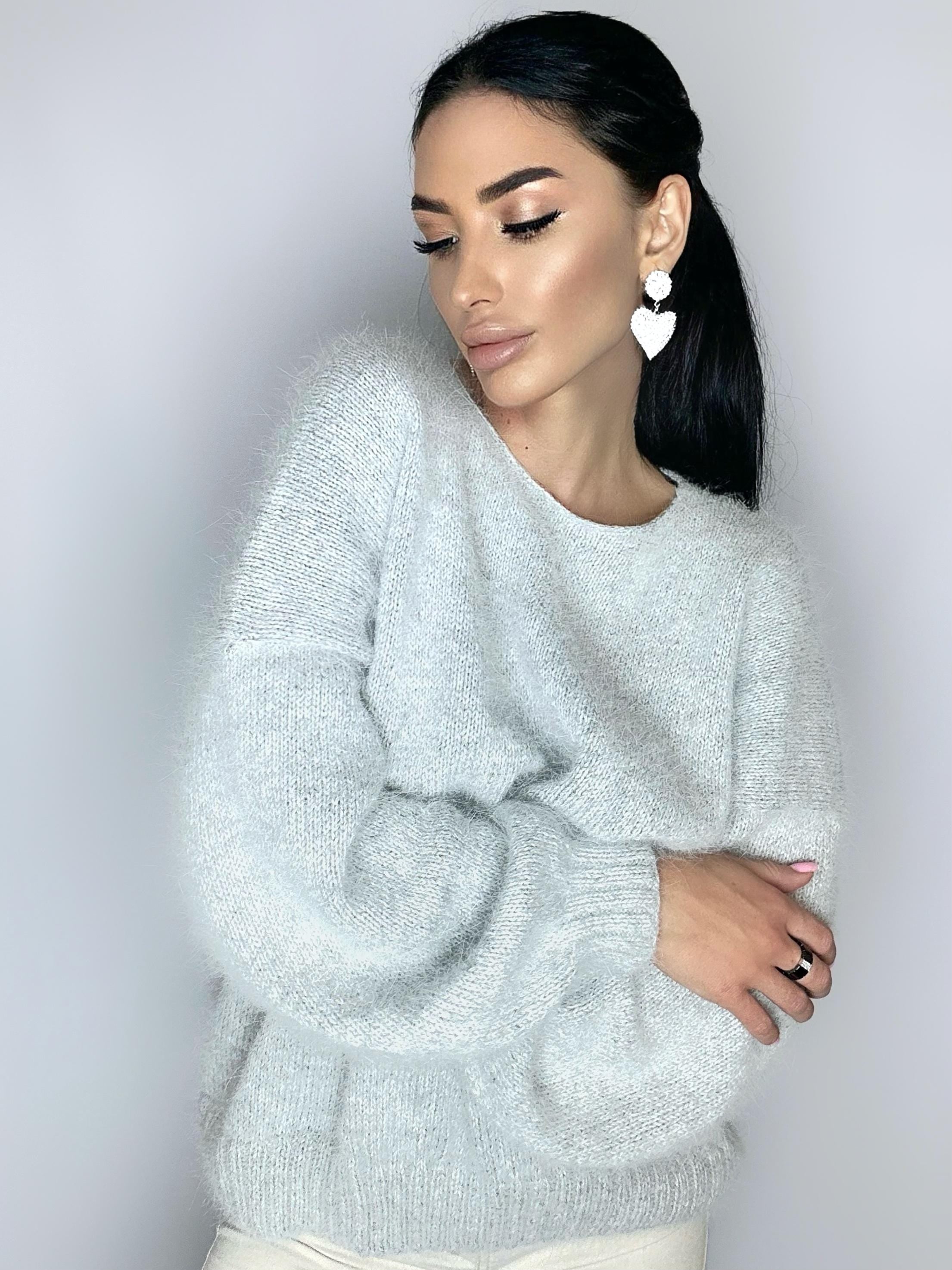 White Gray melange angora wool knit sweater dress Knit fluffy angora pullover Round collar Loose fit oversized Long sleeve Cozy sweater