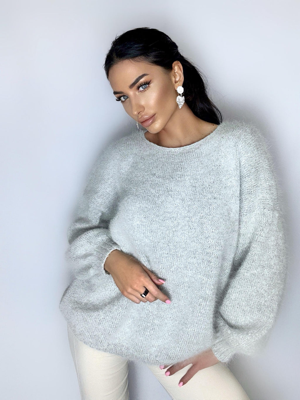 White Gray melange angora wool knit sweater dress Knit fluffy angora pullover Round collar Loose fit oversized Long sleeve Cozy sweater