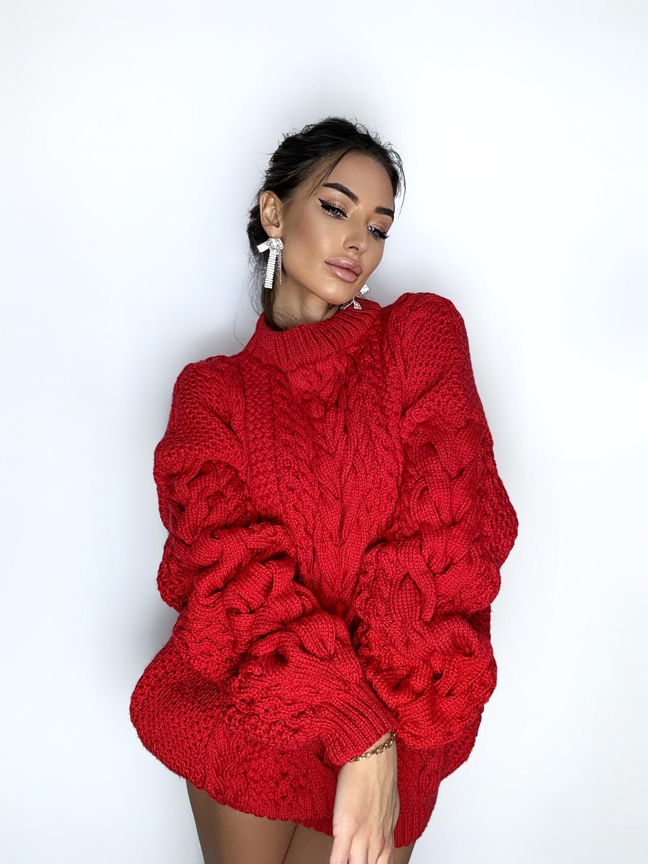 Aran long oversize red big hand knit merino wool long scandinavian sweater Red cable knit pullover women Oversized chunky knit sweater dress