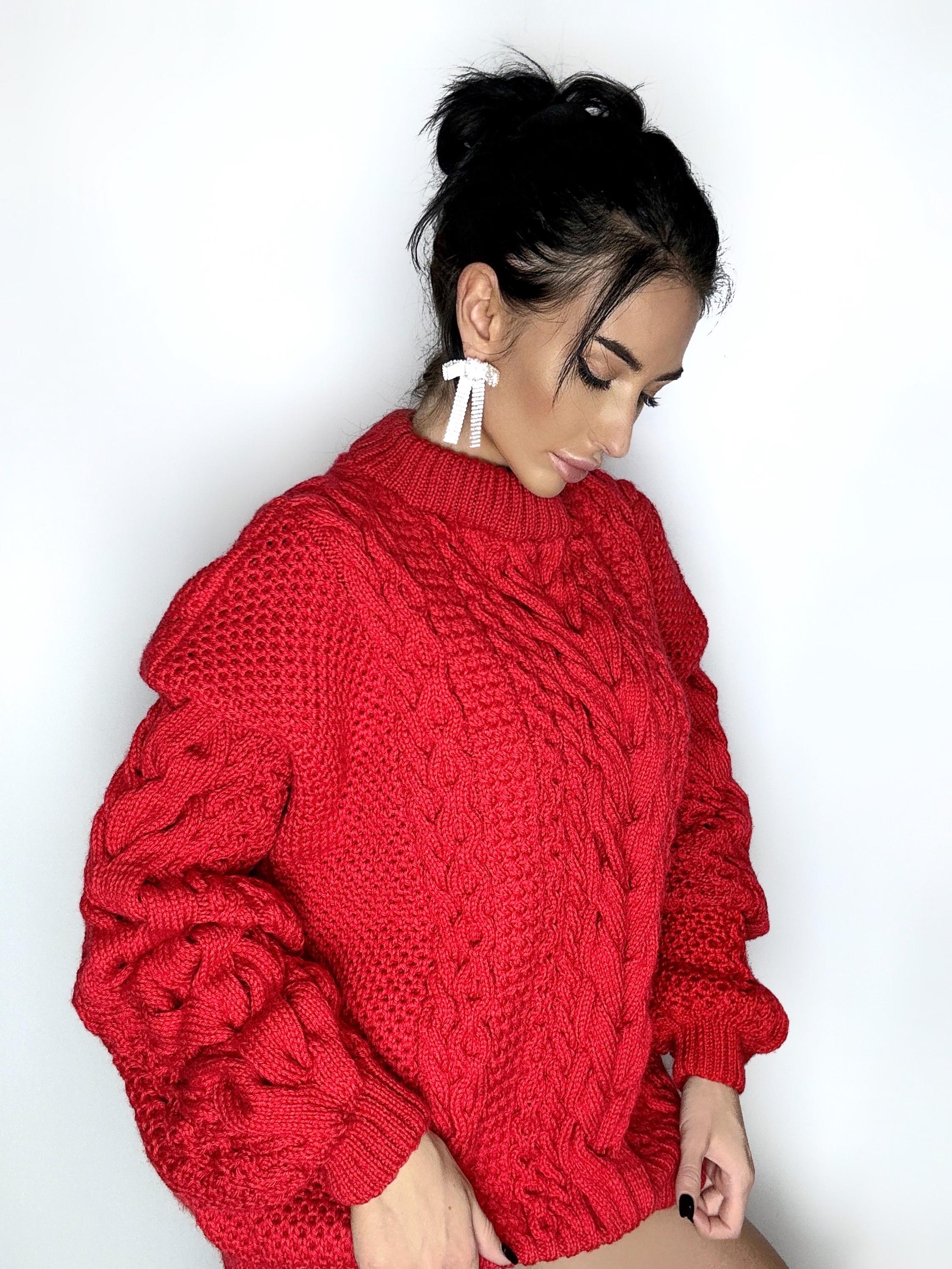 Aran long oversize red big hand knit merino wool long scandinavian sweater Red cable knit pullover women Oversized chunky knit sweater dress
