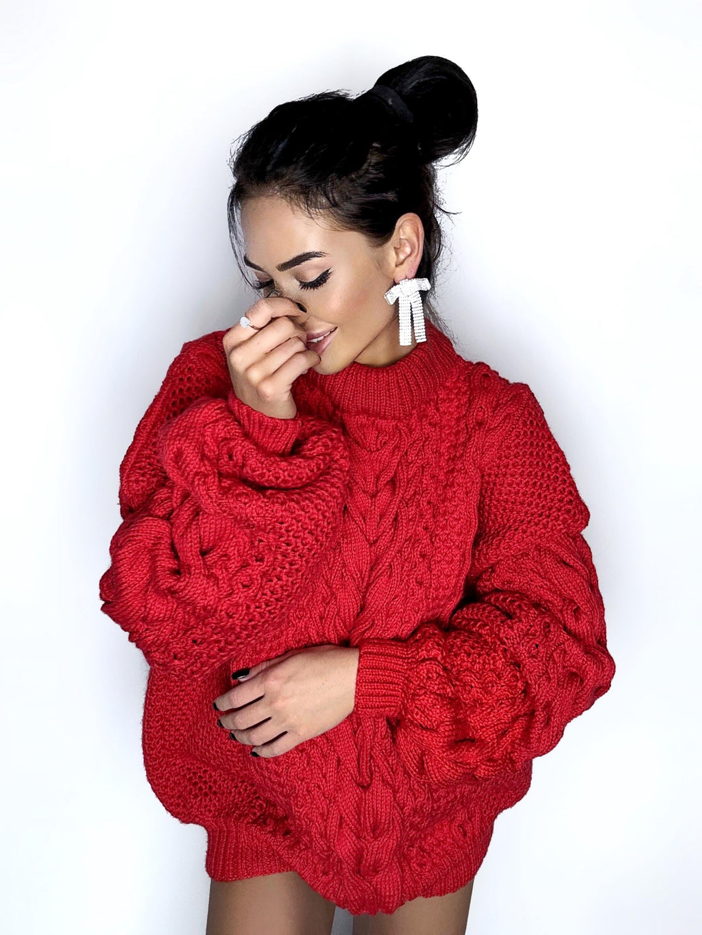 Aran long oversize sweater Big hand knit merino wool mixture sweater Red knitted cable knit pullover for women Oversized chunky knit sweater