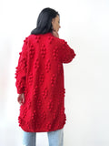 Hand knit red merino wool mixture Midi cardigan Cable knit long popcorn cardigan for women Popcorn Stitch Bobble Chunky knit sweater