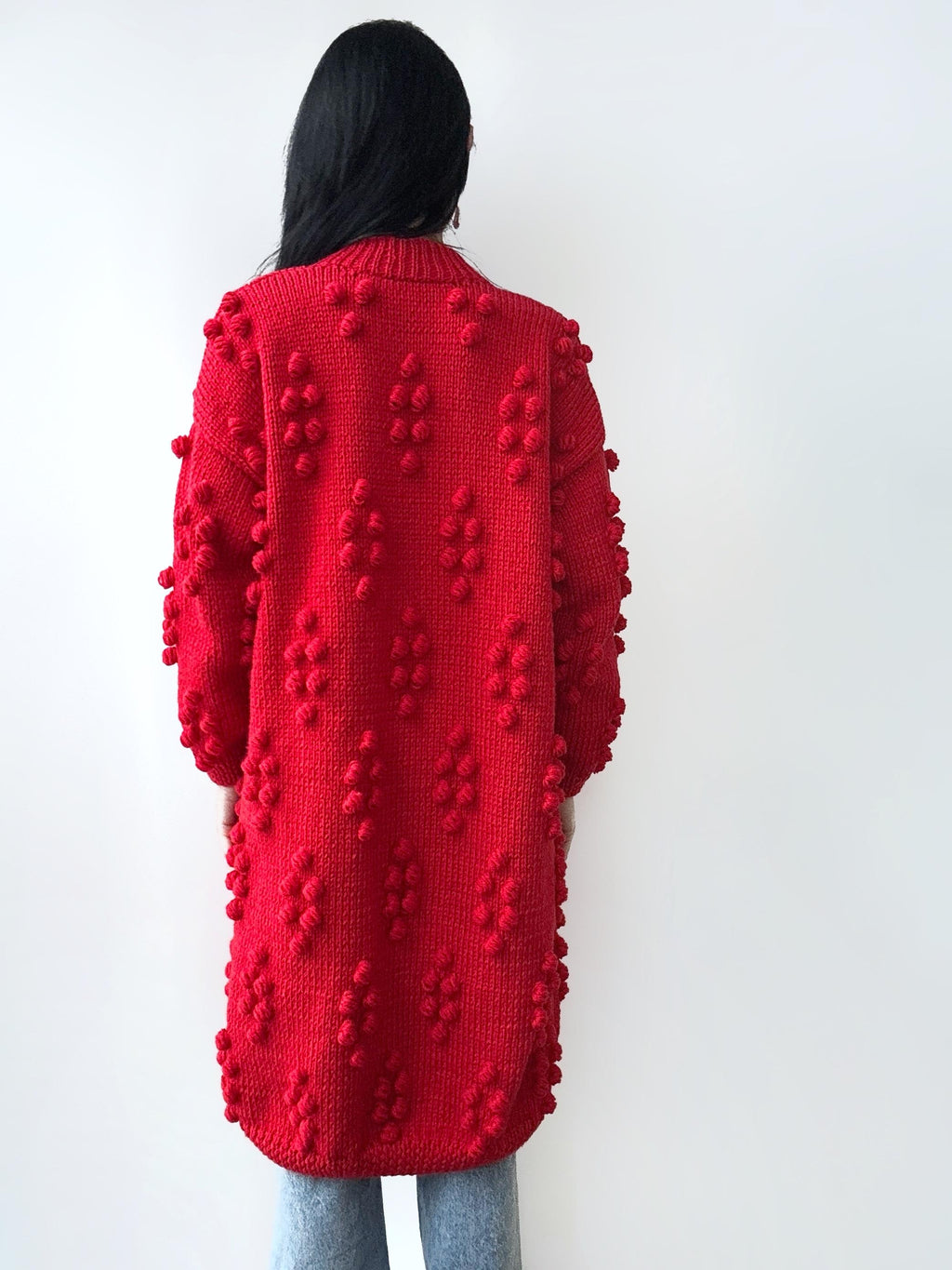 Hand knit red merino wool mixture Midi cardigan Cable knit long popcorn cardigan for women Popcorn Stitch Bobble Chunky knit sweater