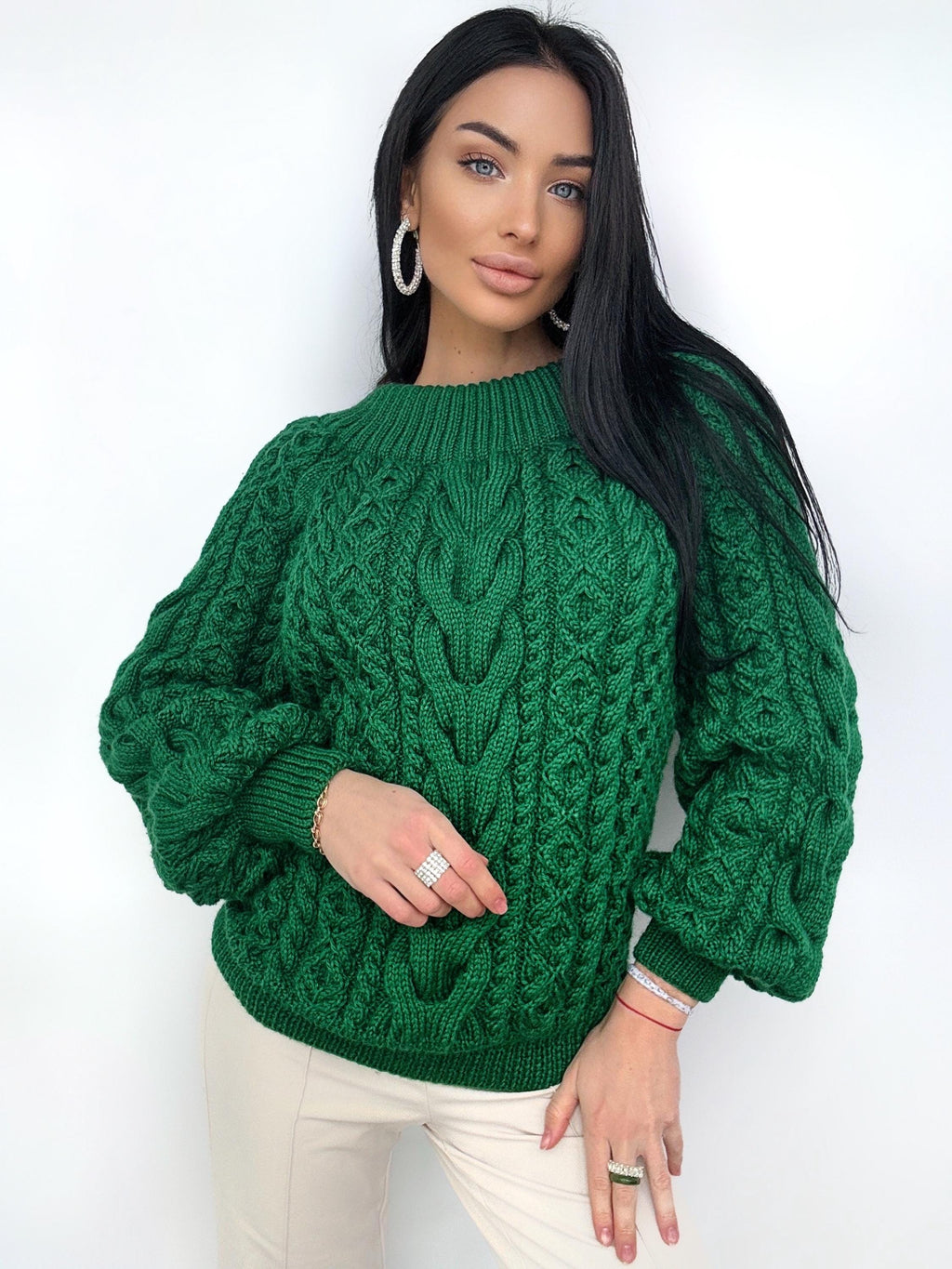 Hand knit dark green merino wool sweater Loose Oversize Knitted Sweater Emerald one shoulder cable knit blouse Chunky knit pullover
