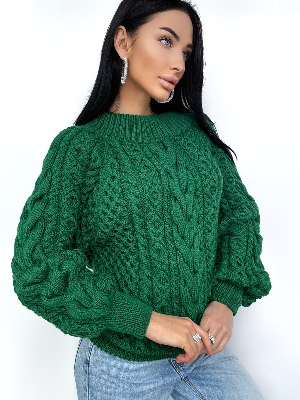 Hand knit dark green merino wool sweater Loose Oversize Knitted Sweater Emerald one shoulder cable knit blouse Chunky knit pullover