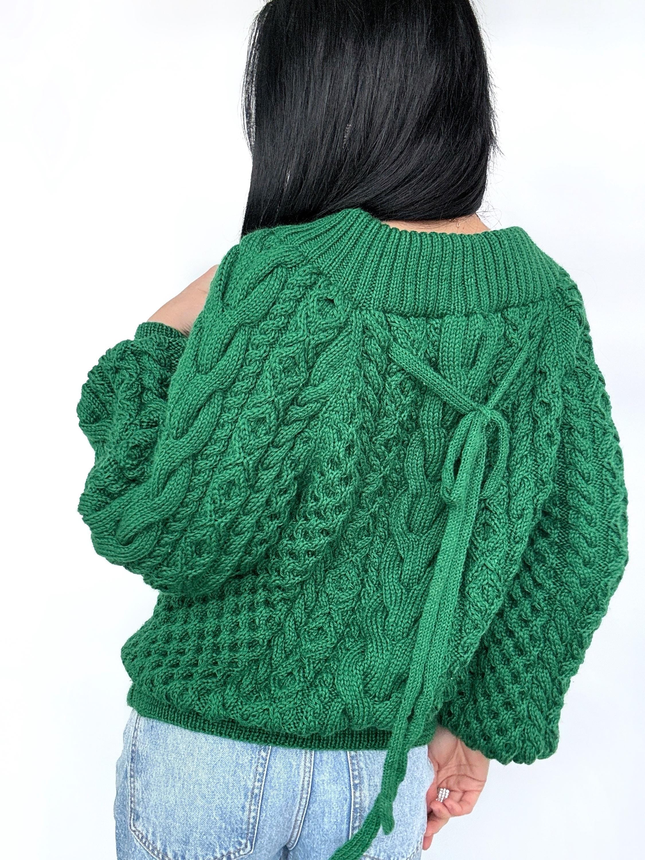 Hand knit dark green merino wool sweater Loose Oversize Knitted Sweater Emerald one shoulder cable knit blouse Chunky knit pullover