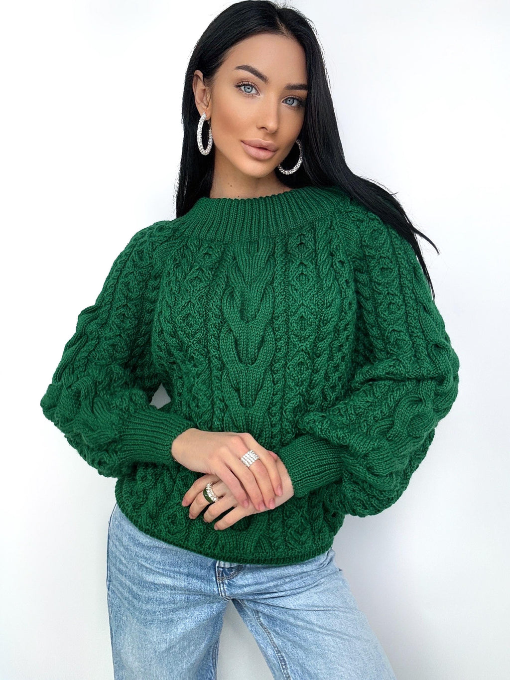 Hand knit dark green merino wool sweater Loose Oversize Knitted Sweater Emerald one shoulder cable knit blouse Chunky knit pullover