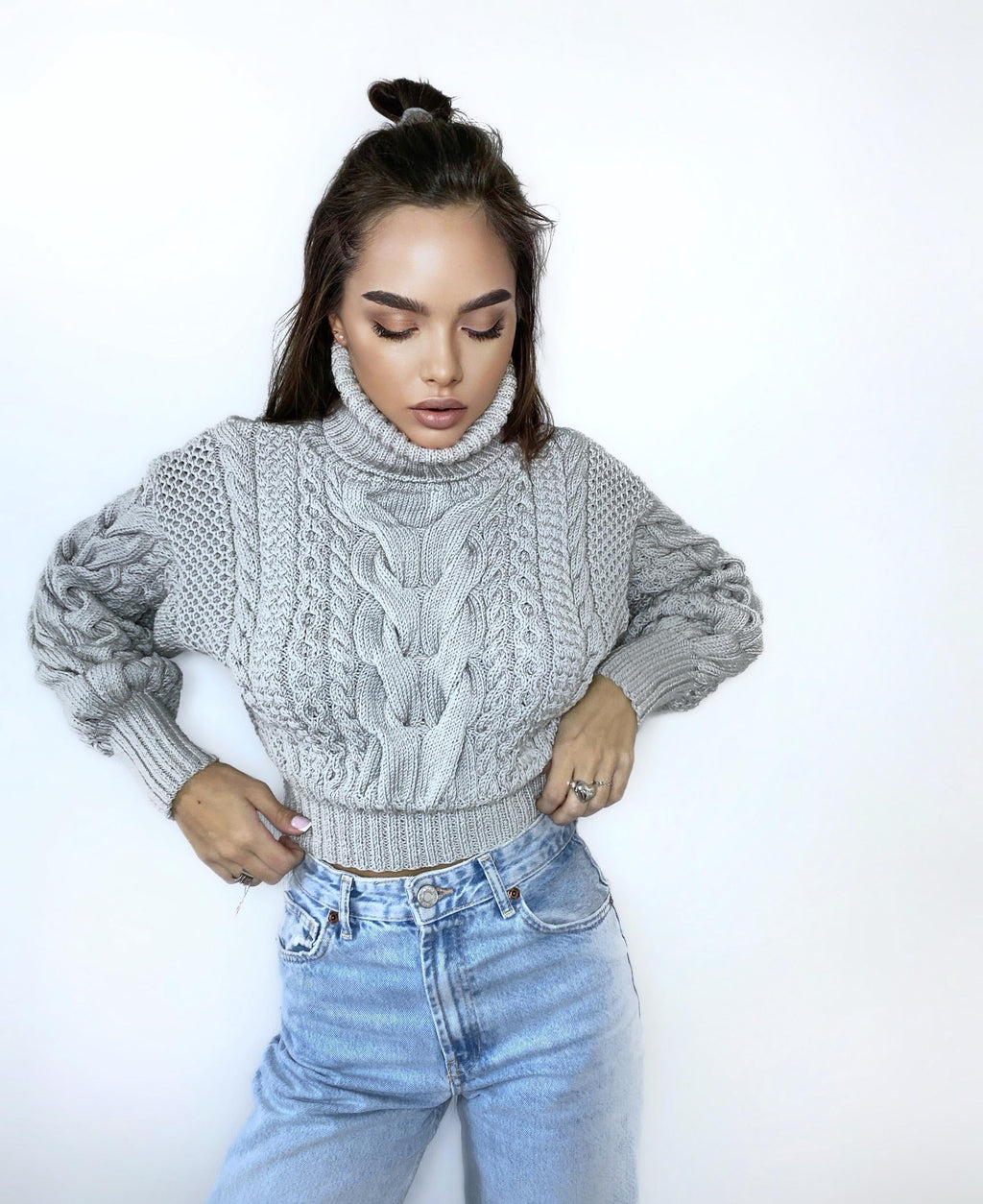 Crop hand knitted grey merino wool sweater Chunky Knit Turtleneck Oversized Pullover Women's Cable knit Jumper cozy wool winter sweater