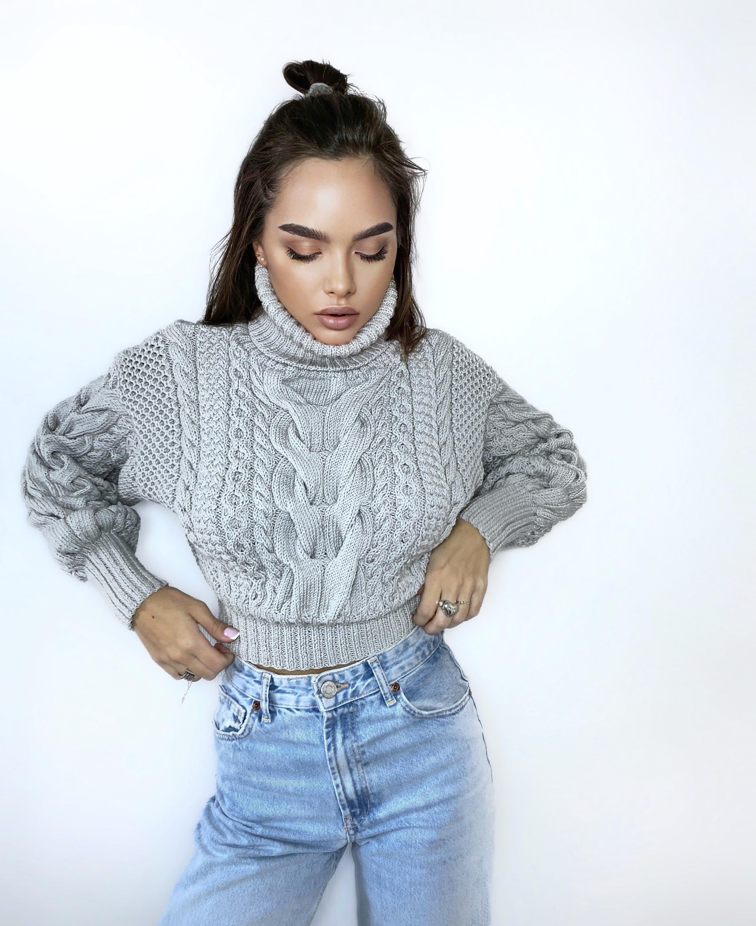Crop hand knitted grey merino wool sweater Chunky Knit Turtleneck Oversized Pullover Women's Cable knit Jumper cozy wool winter sweater