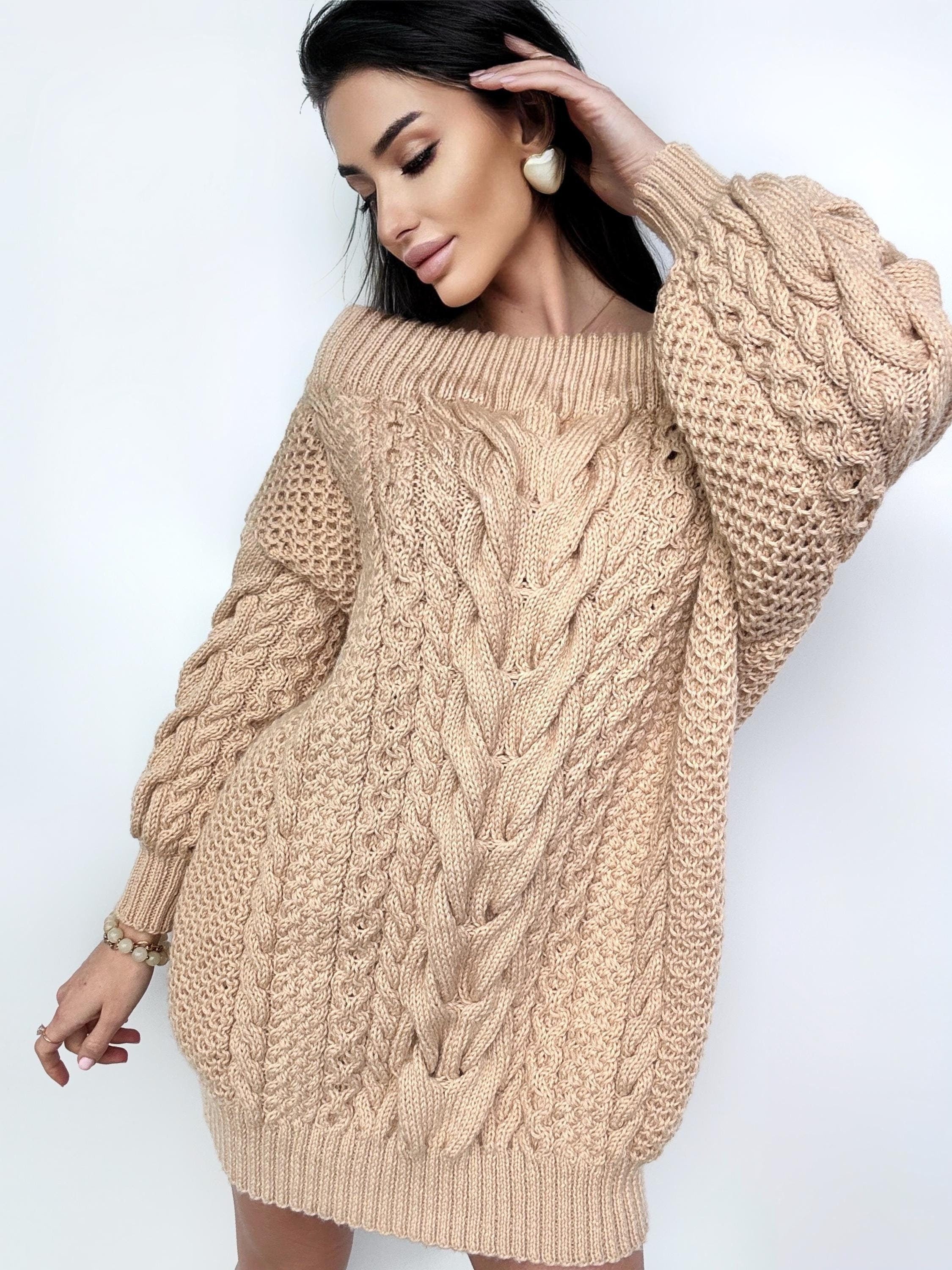 Hand knit sweater dresses for women Beige Caramel off shoulder sweater dress Long Cable wool sweater Chunky one shoulder dress cozy pulover