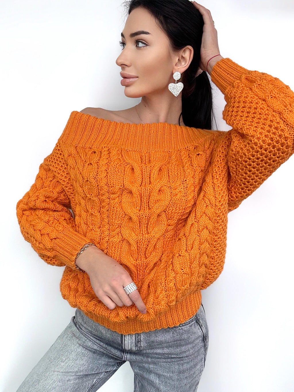 Cable knit sweater off the shoulder Orange Grapefruit coral chunky one shoulder wool cotton sweater Women’s Fall winter merino wool pullover