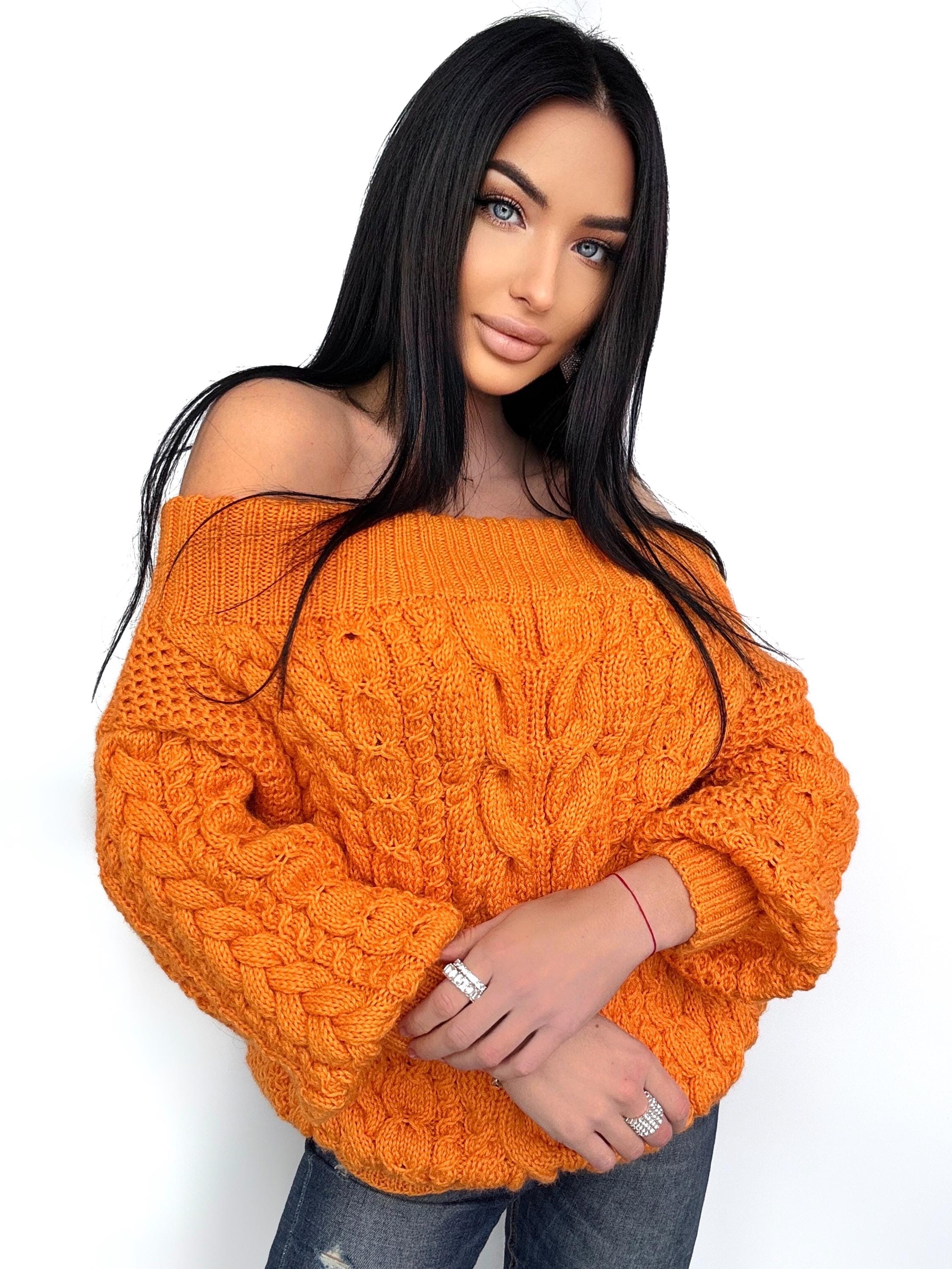 Cable knit sweater off the shoulder Orange Grapefruit coral chunky one shoulder wool cotton sweater Women’s Fall winter merino wool pullover