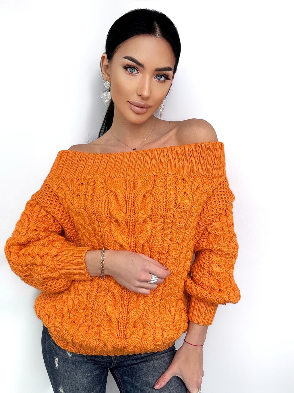 Cable knit sweater off the shoulder Orange Grapefruit coral chunky one shoulder wool cotton sweater Women’s Fall winter merino wool pullover