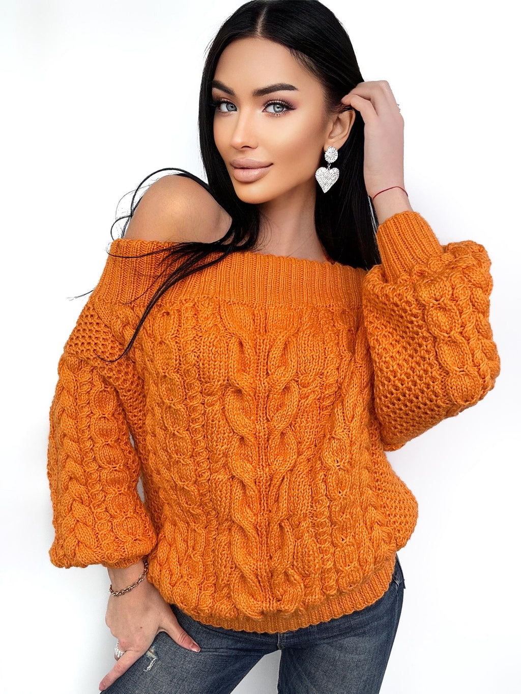 Cable knit sweater off the shoulder Orange Grapefruit coral chunky one shoulder wool cotton sweater Women’s Fall winter merino wool pullover