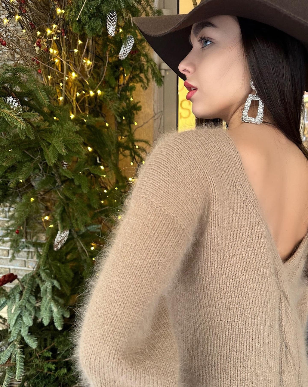 Beige angora sweater Open back Deep neckline Knit Pastel fluffy angora pullover Loose fit oversized V-neck Fluffy Top long sleevs Cozy gift
