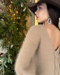 Beige angora sweater Open back Deep neckline Knit Pastel fluffy angora pullover Loose fit oversized V-neck Fluffy Top long sleevs Cozy gift