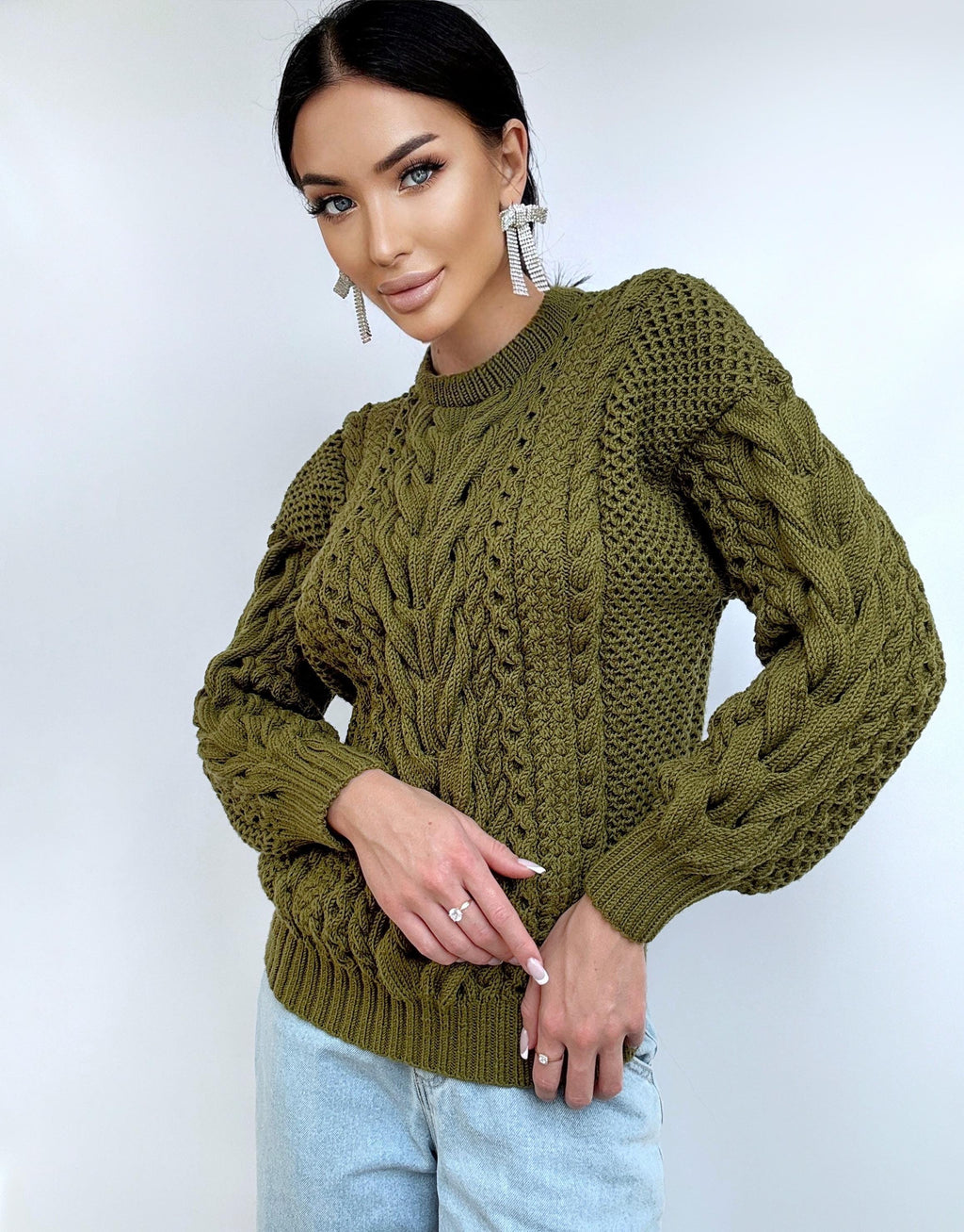 Khaki Green merino wool chunky knit sweater women Knitted jumper Cable loose Oversized sweater womens Fall Christmas sweater