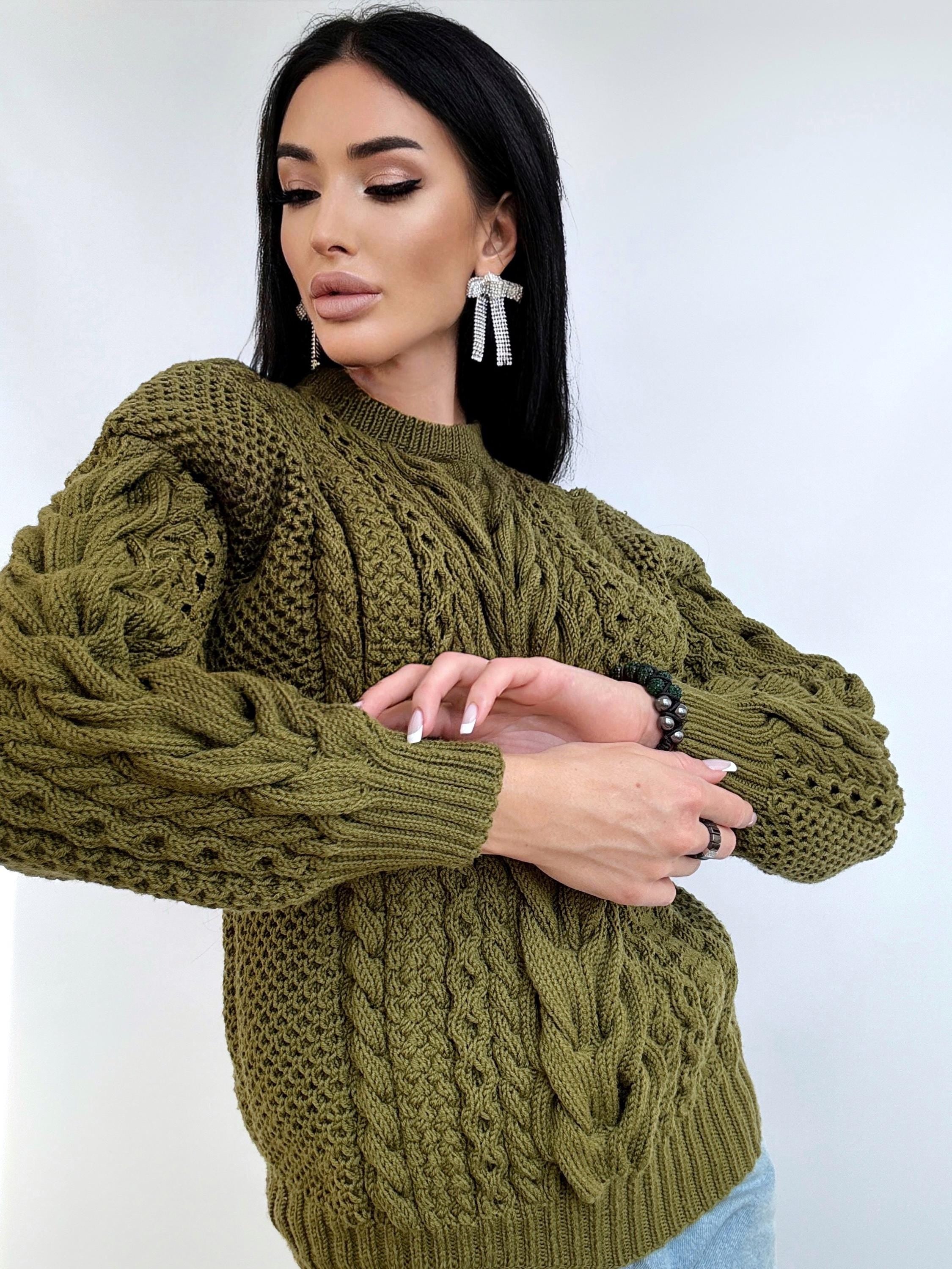 Khaki Green merino wool chunky knit sweater women Knitted jumper Cable loose Oversized sweater womens Fall Christmas sweater