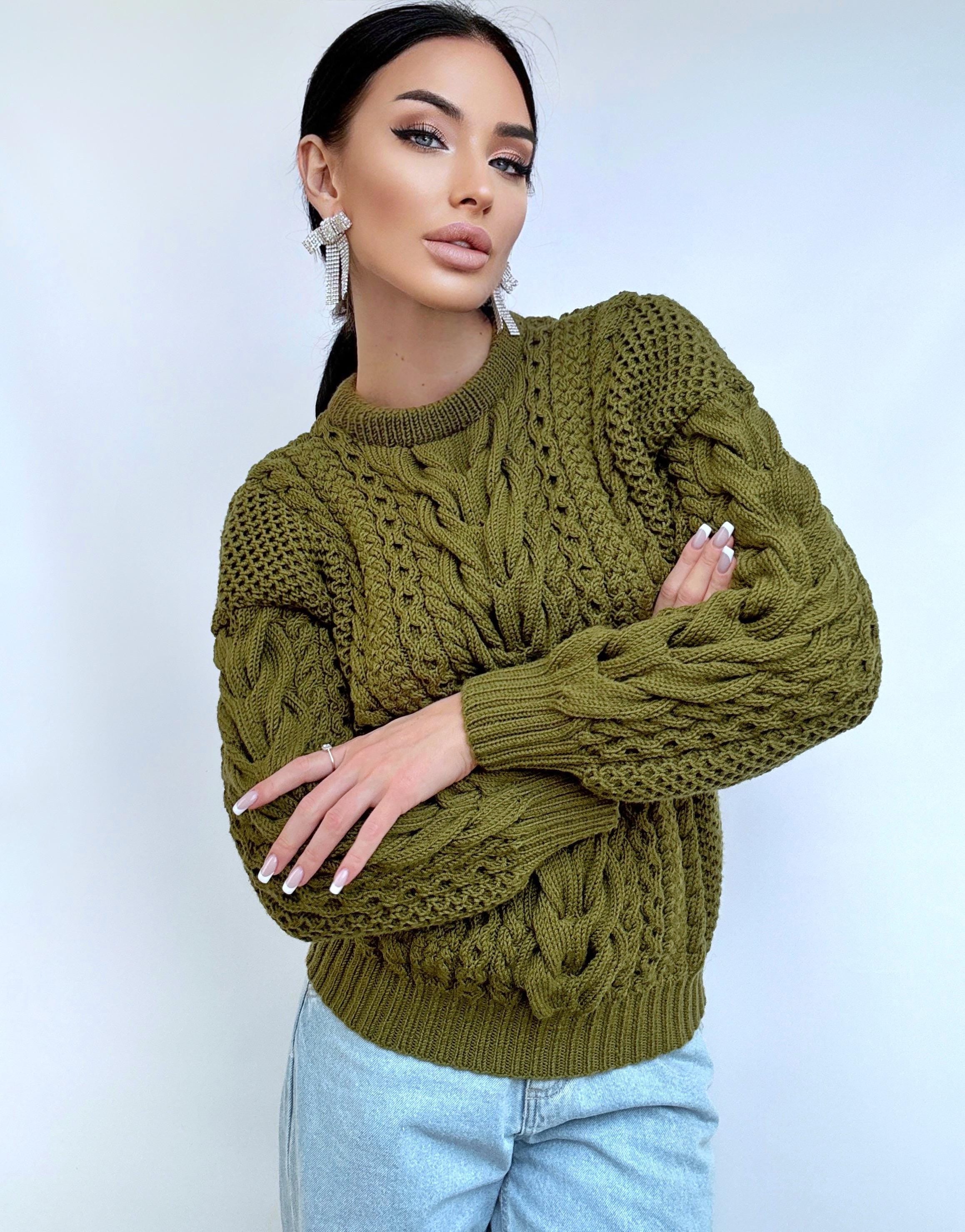 Khaki Green merino wool chunky knit sweater women Knitted jumper Cable loose Oversized sweater womens Fall Christmas sweater
