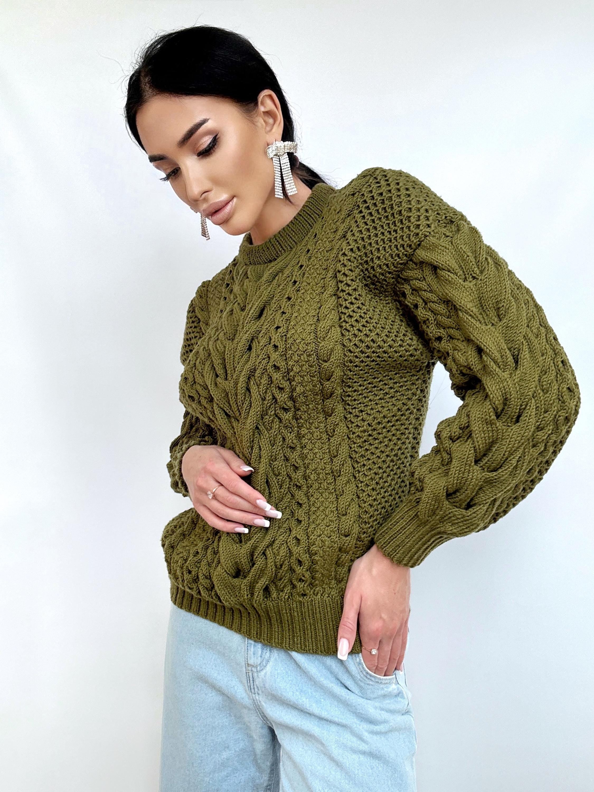 Khaki Green merino wool chunky knit sweater women Knitted jumper Cable loose Oversized sweater womens Fall Christmas sweater