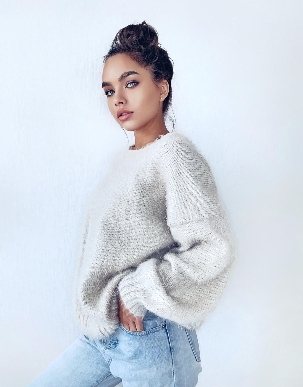 Beige Gray Mushroom very soft fluffy wool-free Hand knit body friendly sweater Open back Deep neckline Fluffy pullover Loose fit V-neck