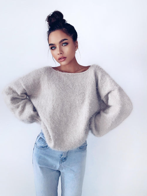 Beige soft fluffy wool-free sweater Hand knit body friendly sweater Open back Deep neckline Fluffy pullover Loose fit V-neck angora wool