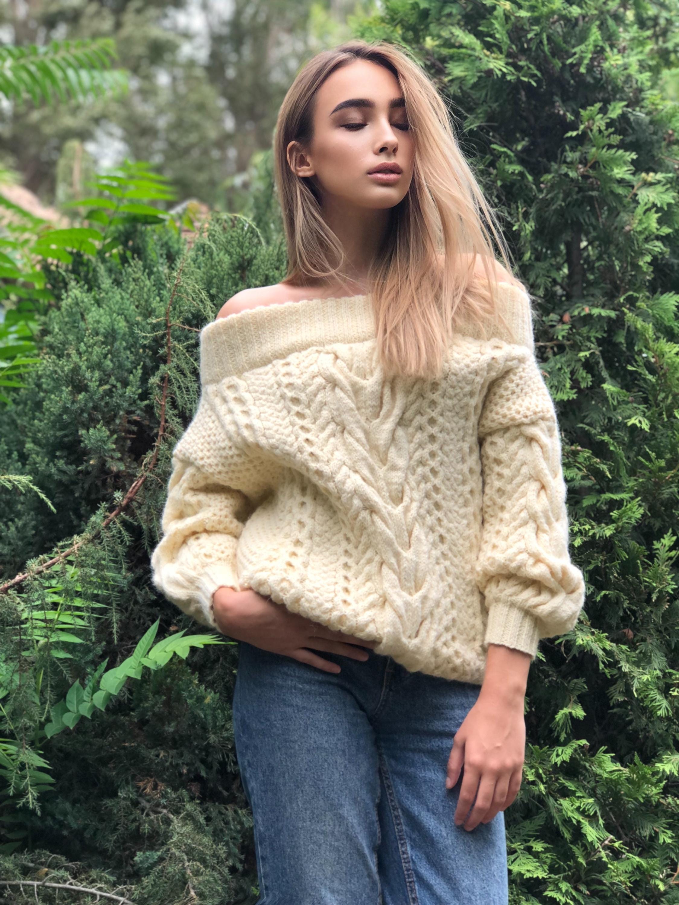 Milk white Cream pastel hand knit wool sweater woman Cable knitted sweater Loose pullover Oversized chunky knit merino wool off shoulder