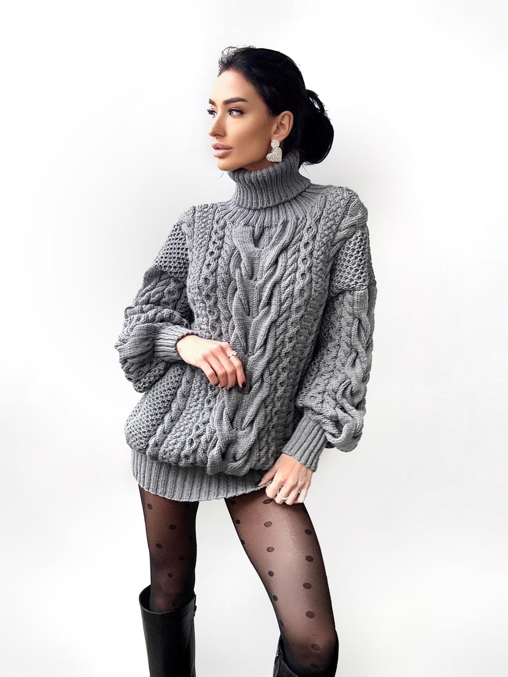 Aran long oversiz Grey big hand knit merino wool mixture sweater Turtleneck Graphite cable knit pullover women Сhunky knit sweater