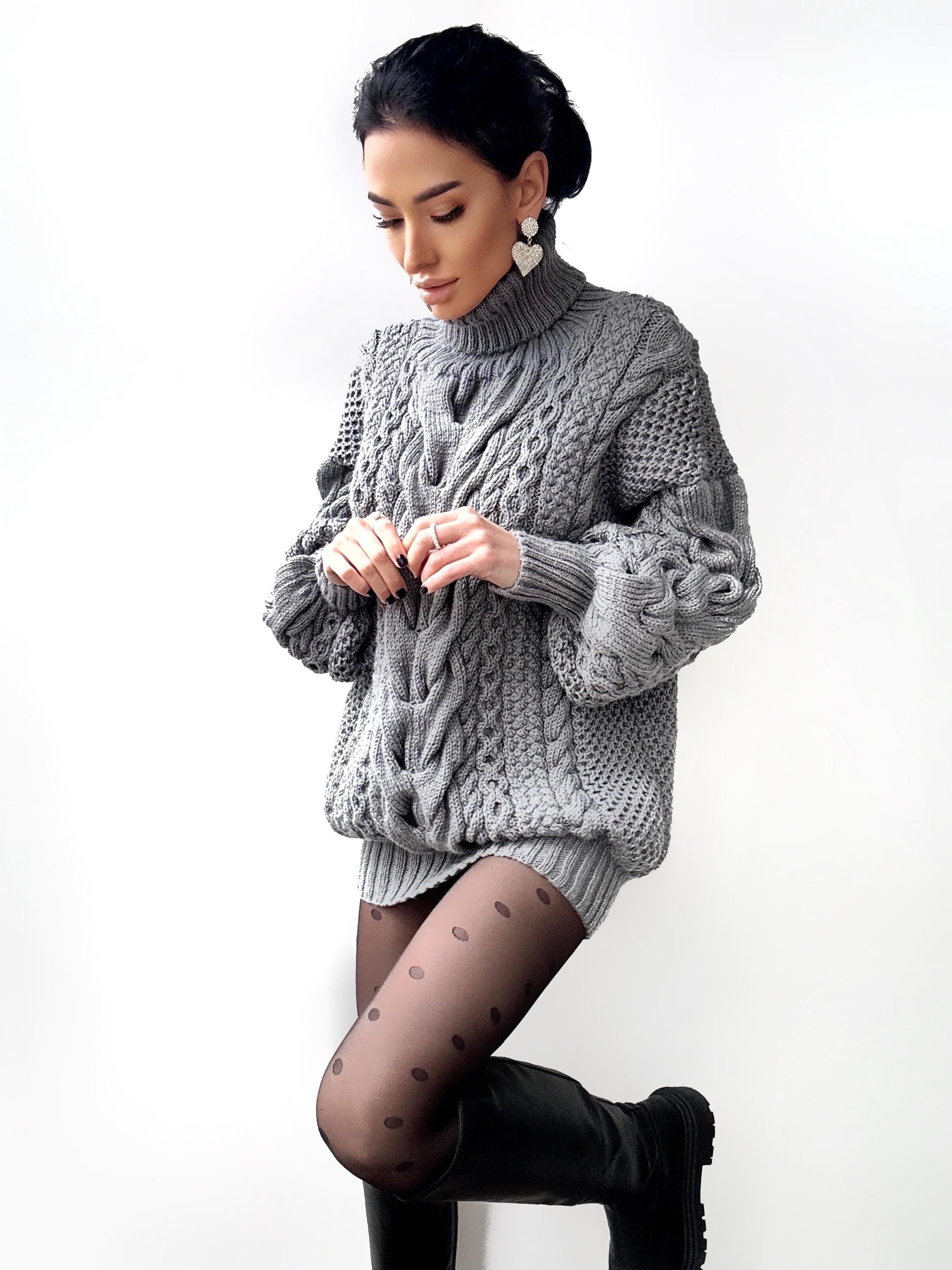 Aran long oversiz Grey big hand knit merino wool mixture sweater dress Turtleneck Graphite cable knit pullover women Сhunky knit sweater
