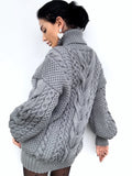 Aran long oversiz Grey big hand knit merino wool mixture sweater dress Turtleneck Graphite cable knit pullover women Сhunky knit sweater