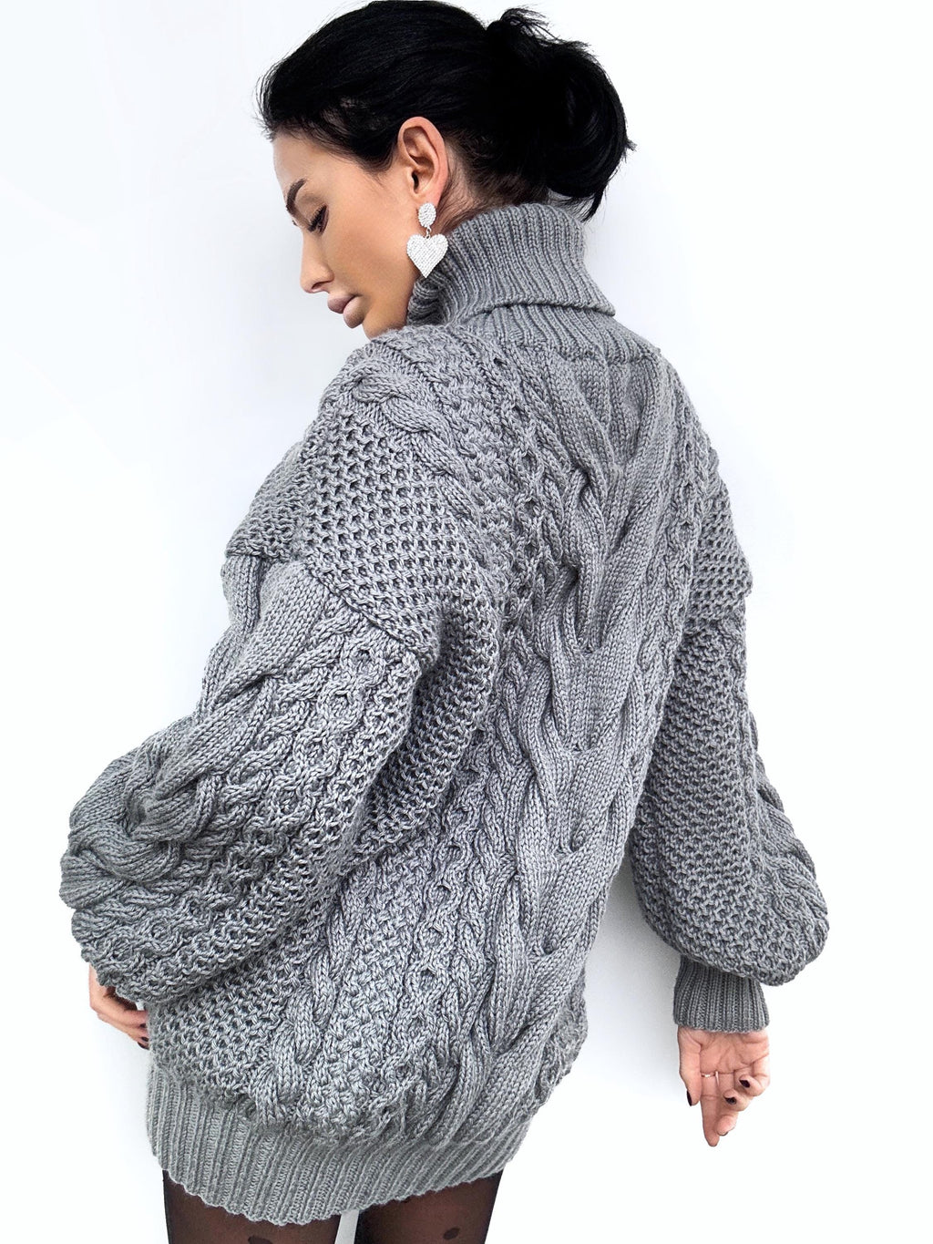 Aran long oversiz Grey big hand knit merino wool mixture sweater Turtleneck Graphite cable knit pullover women Сhunky knit sweater