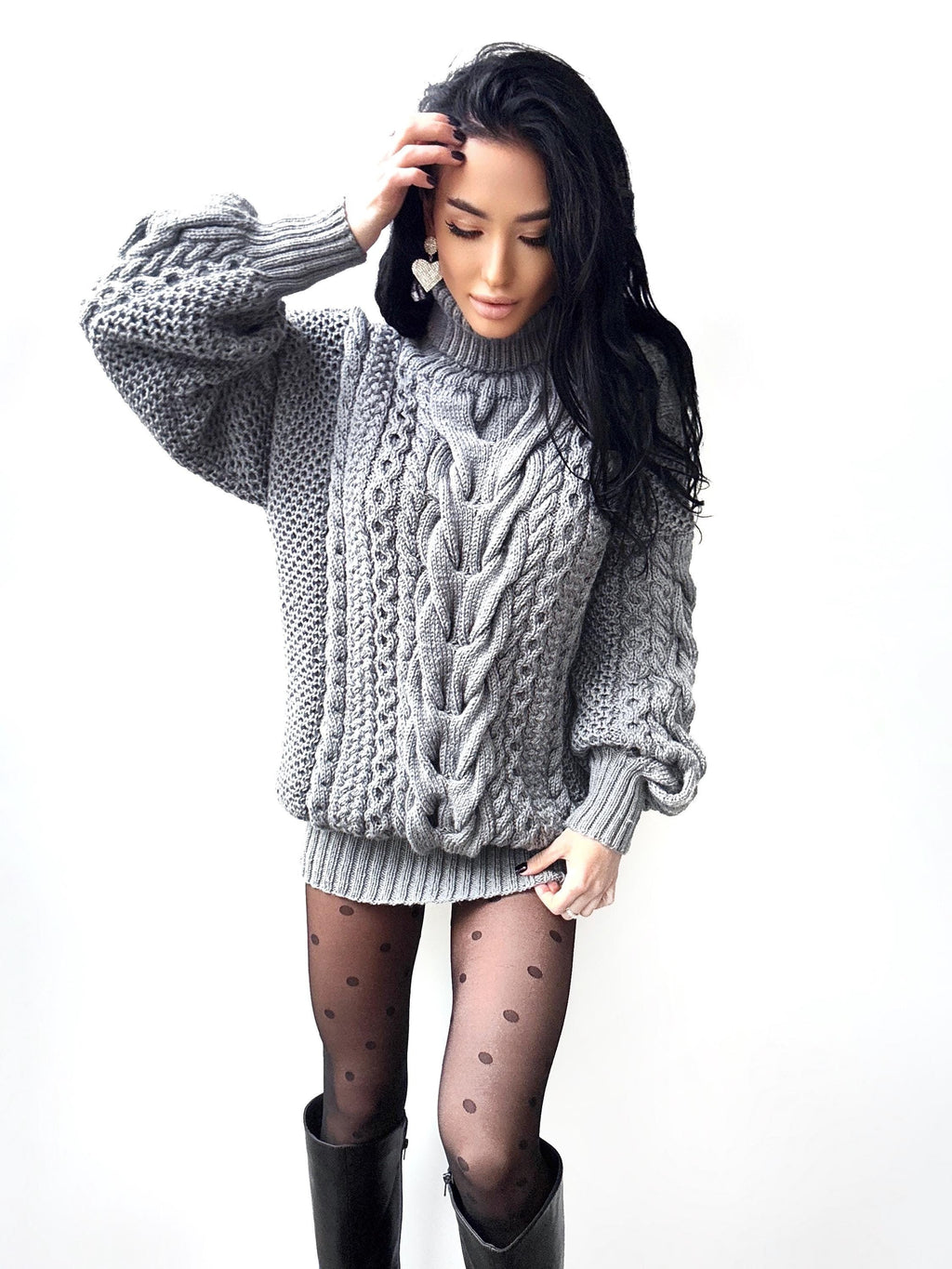Aran long oversiz Grey big hand knit merino wool mixture sweater Turtleneck Graphite cable knit pullover women Сhunky knit sweater