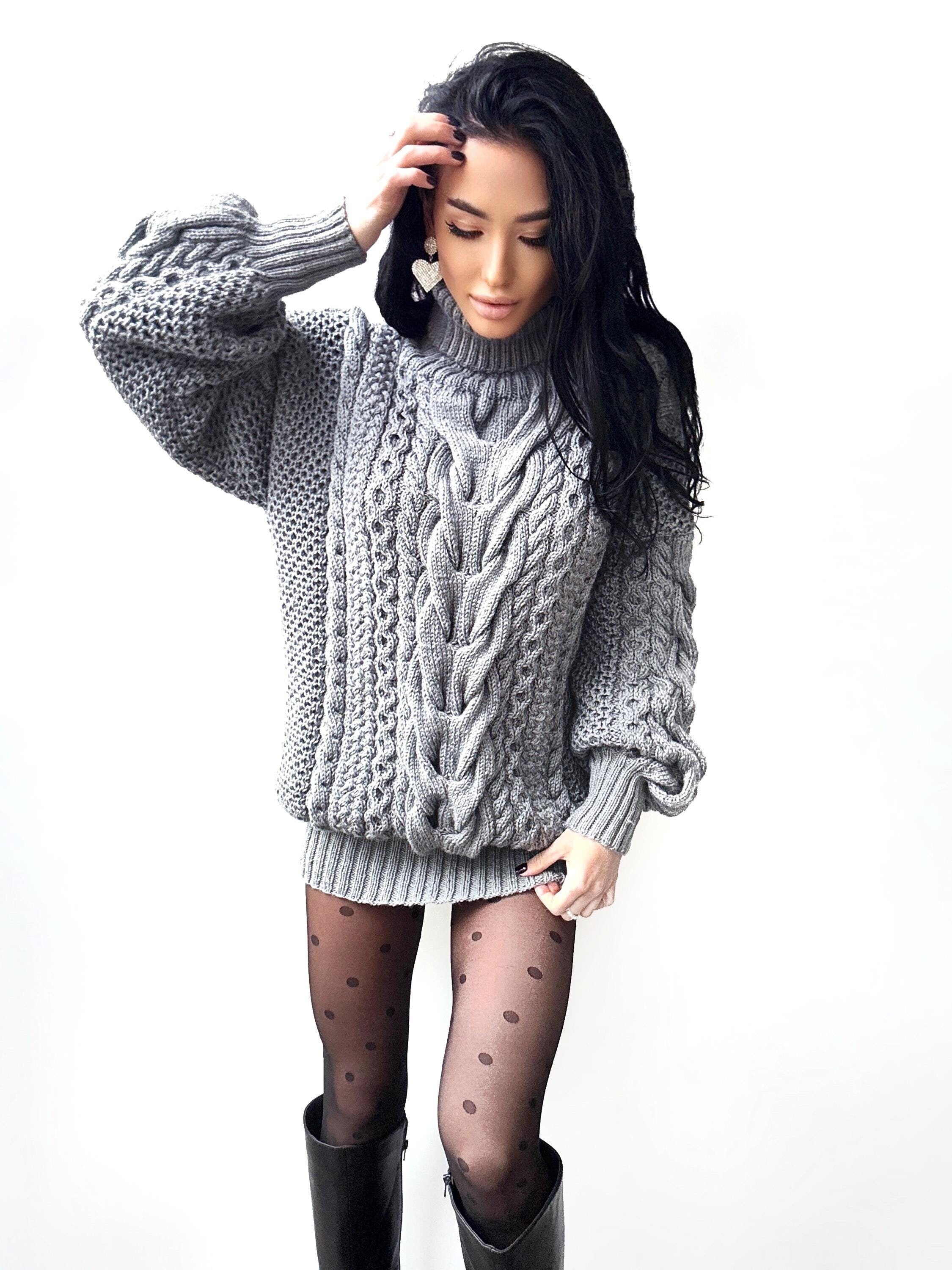 Aran long oversiz Grey big hand knit merino wool mixture sweater Turtleneck Graphite cable knit pullover women Сhunky knit sweater