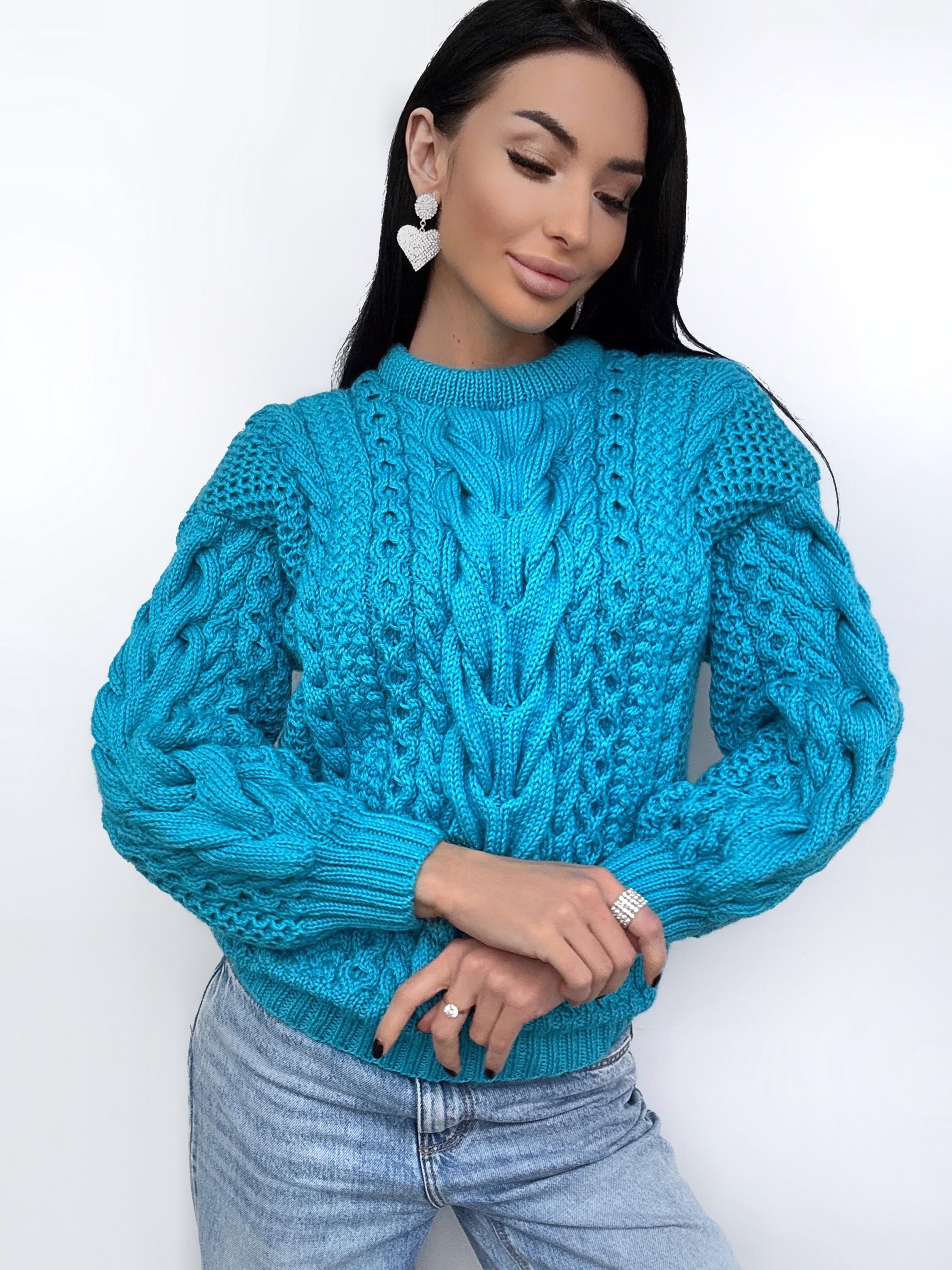Merino wool hand knit blue turquoise sweater women/unisex Cable knit handmade jumper Loose chunky knit Scandinavian cable knit pullover